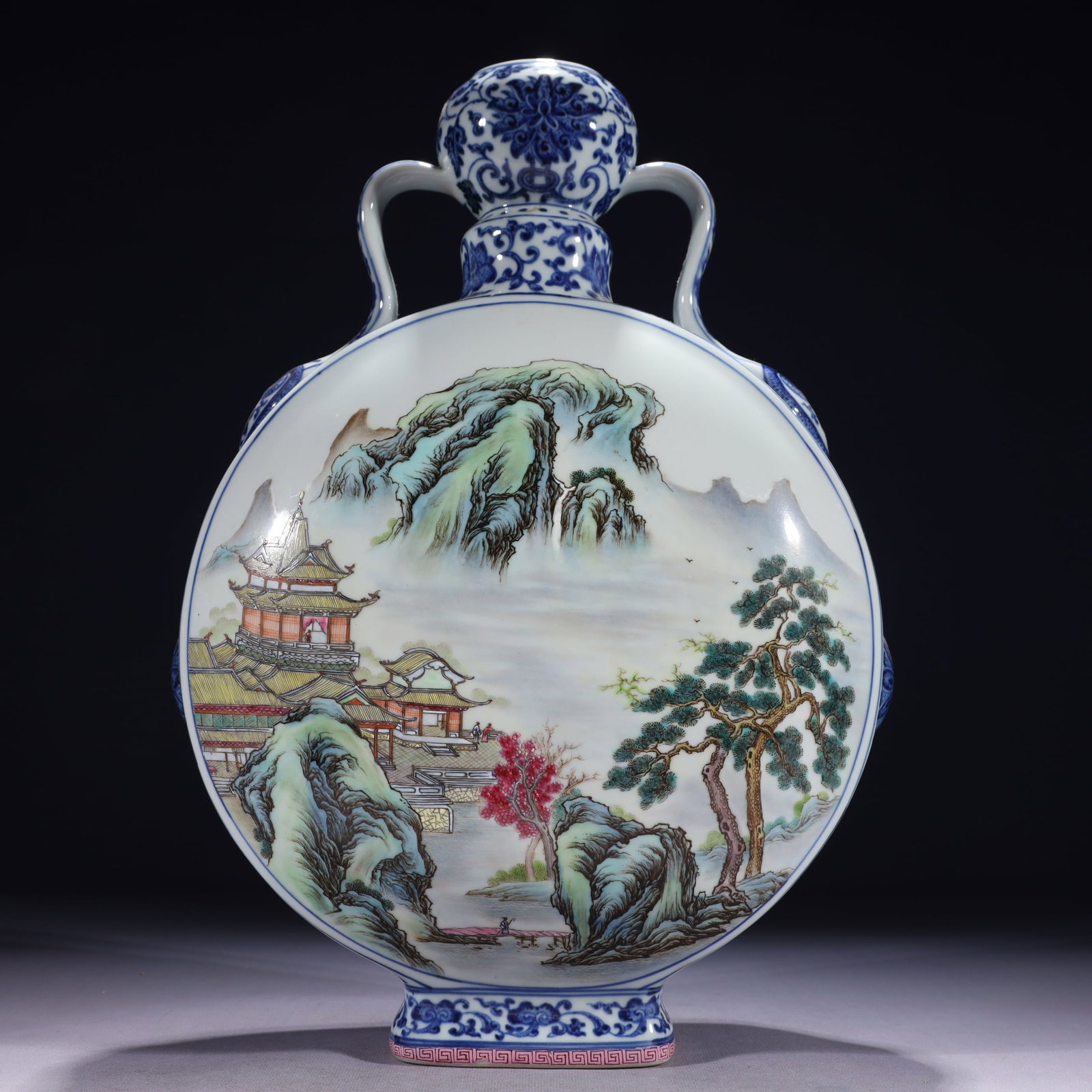 An Exquisite Blue and White Enamel Painted Gold Landscape Pattern Double-Ears Vase: An Exquisite Blue and White Enamel Painted Gold Landscape Pattern Double-Ears Vase,Qing Dynasty,China,Qianlong Six-character Mark,Size:11inx4.7inx15.7in,Weight:4400g 青花珐琅&#