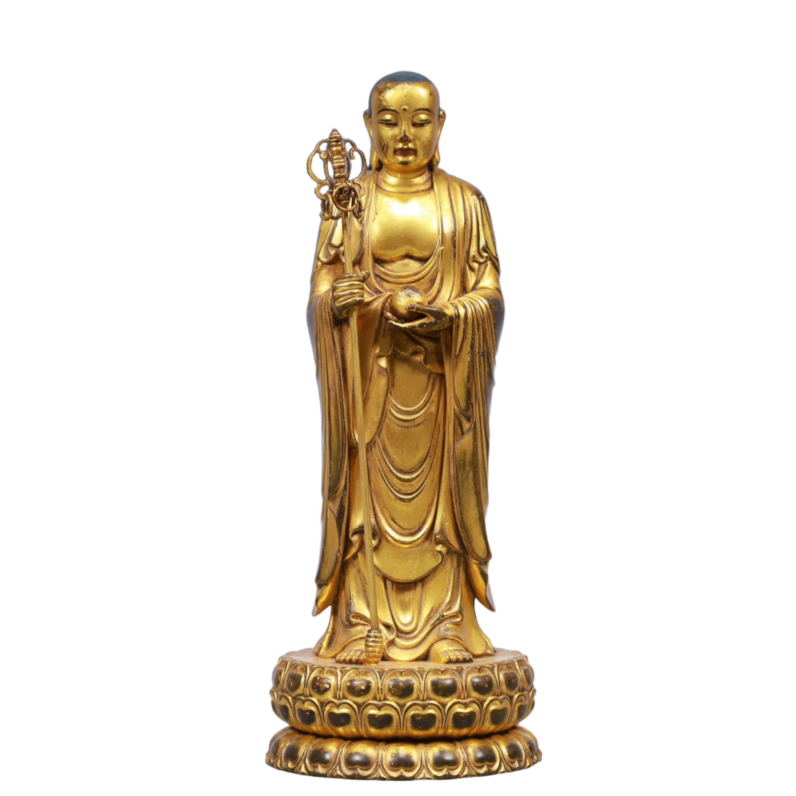 A Solemn Gilt Bronze Statue of Kshitigarbha Bodhisattva: A Solemn Gilt Bronze Statue of Kshitigarbha Bodhisattva, Qing Dynasty, China, Qianlong Mark, Size:3.1inx3.1inx7.9in, Weight:700g 铜鎏金地藏王像,中ࢲ