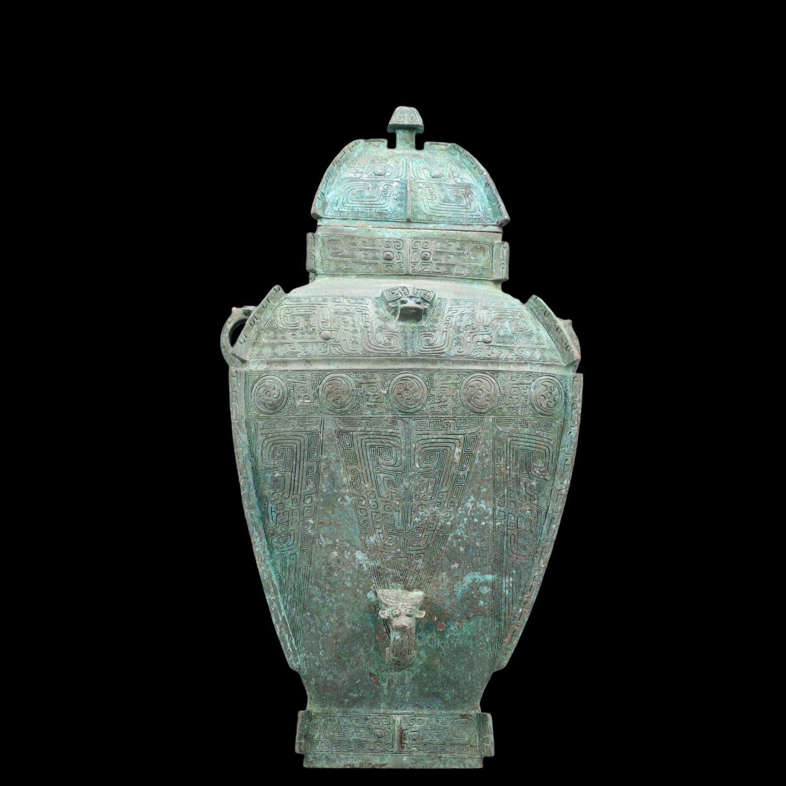 A Precious Bronze Beast-Face Pattern Bottle,With Inscription: A Precious Bronze Beast-Face Pattern Bottle,With Inscription,Ancient Time, China,Size:9.8inx7.9inx18.1in ;Weight:5700g 青铜兽面纹瓶带盖，带&