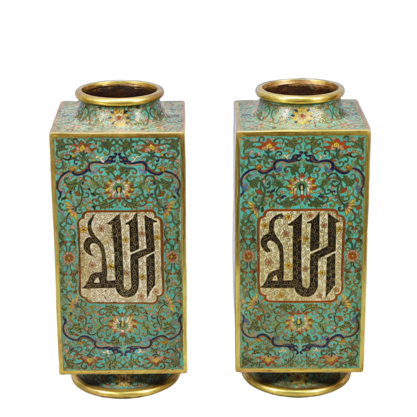 A Pair of Rare Cloisonne Lotus Pattern Vases,With Scriptures: A Pair of Rare Cloisonne Lotus Pattern Vases,With Scriptures,Qing Dynasty, China,Qianlong Four-character Mark,Size:5.1inx13in,Total Weight:5500g