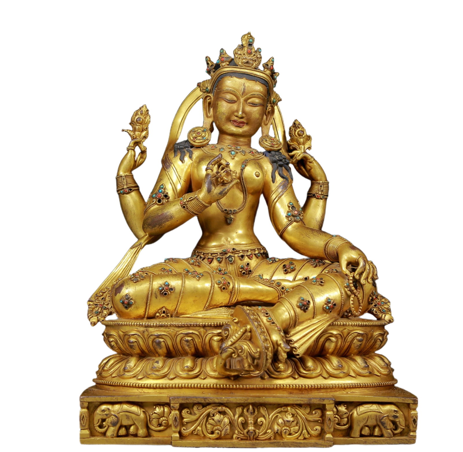 A solemn gilt bronze statue of green Tara inlaid with sapphires (1 of 12)