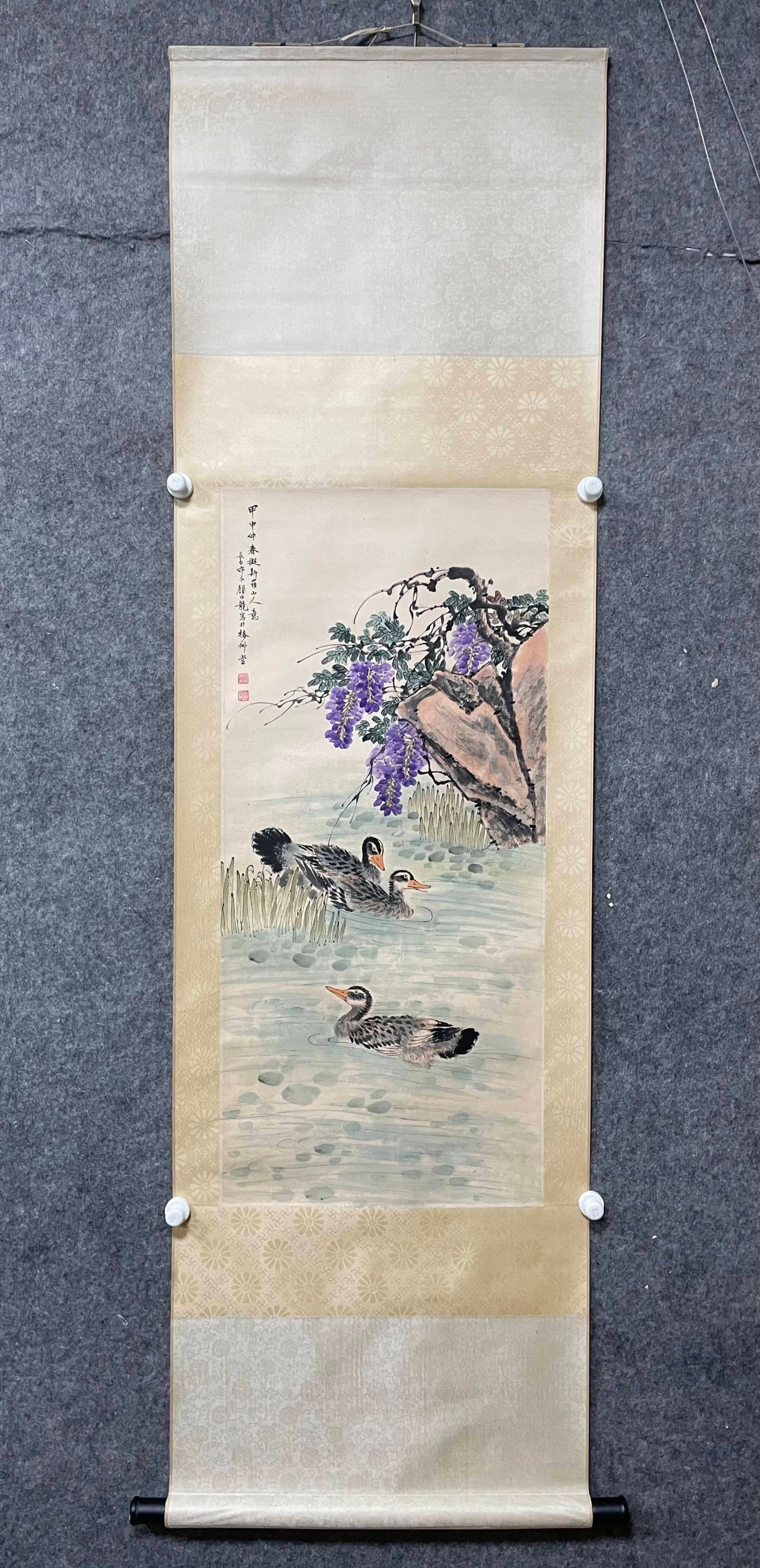 A Chinese Vertical Scroll Ink Painting of Flower on Paper: A Chinese Vertical Scroll Ink Painting of Flower on Paper,Yan Bailong,Size:17.3inx37.8in