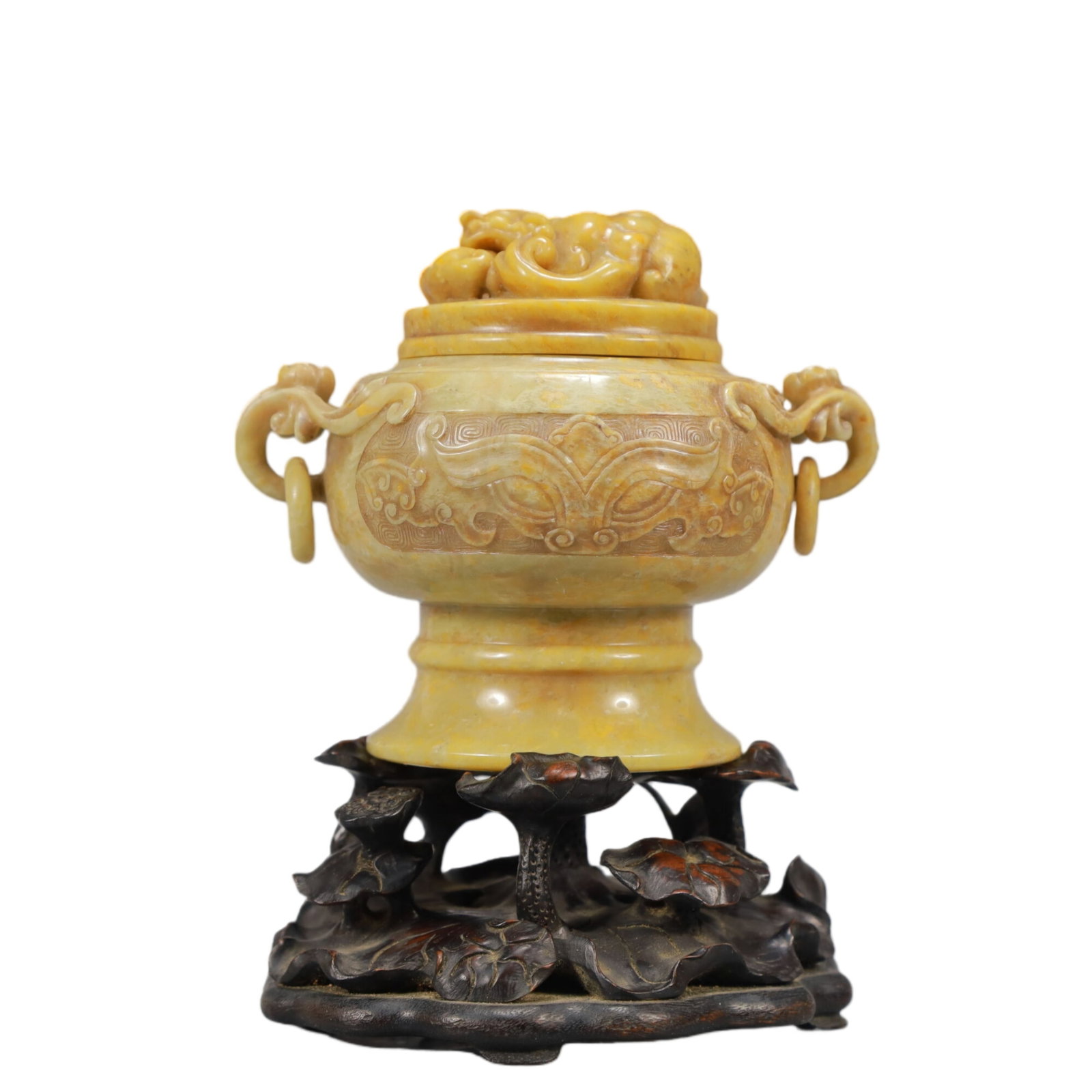 An Exquisite Shoushan Stone Beast-Face Pattern Double-Ears Censer: An Exquisite Shoushan Stone Beast-Face Pattern Double-Ears Censer,Qing Dynasty,China,Size:4.1inx3.5inx5.9in,Weight:500g