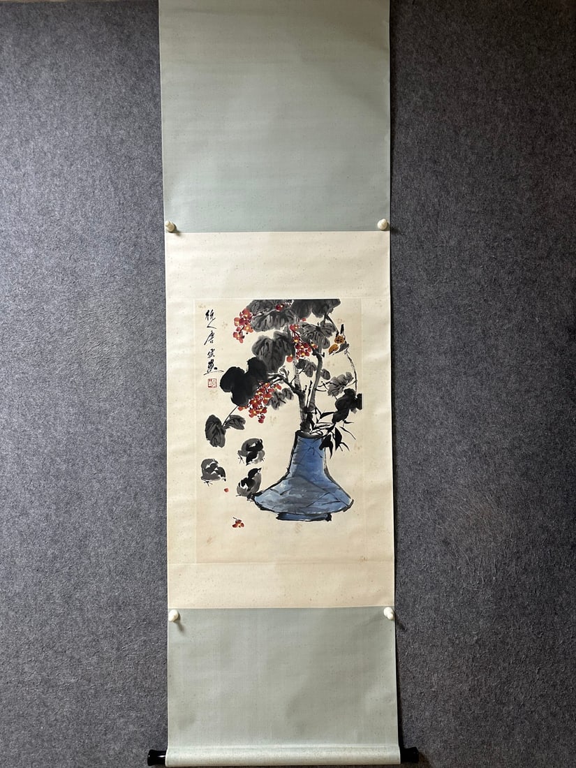 An Exquisite Chinese Vertical Scroll Ink Painting of Flower on Paper: An Exquisite Chinese Vertical Scroll Ink Painting of Flower on Paper,Tang Yun,Size:26.8inx16.9in