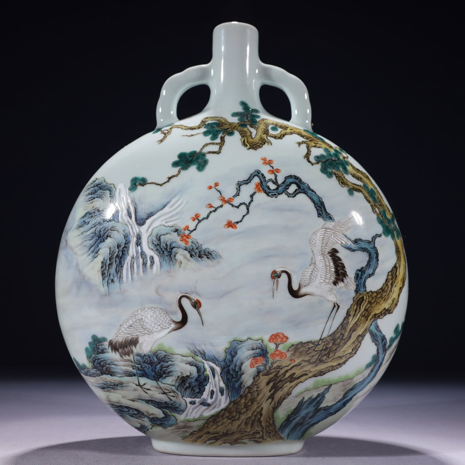 An Exquisite Famille-Rose Painted Gold Pine and Crane Pattern Double-Ears Vase,with poem: An Exquisite Famille-Rose Painted Gold Pine and Crane Pattern Double-Ears Vase,with poem,Qing Dynasty,China,Yongzheng Six-character Mark,Size:9.1inx3.9inx12.2in,Weight:2700g 粉彩描&#