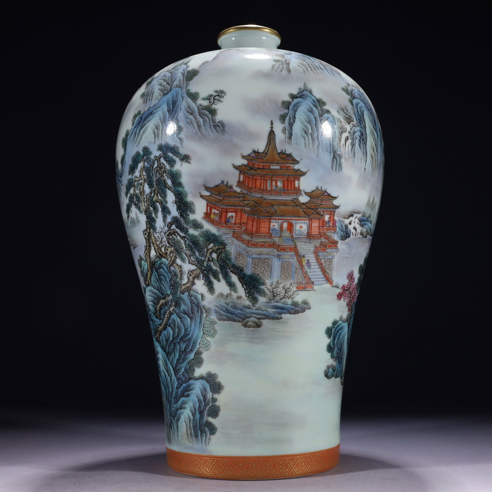 An Exquisite Enamel Painted Gold Landscape Pattern Vase: An Exquisite Enamel Painted Gold Landscape Pattern Vase,Qing Dynasty,China,Yongzheng Six-character Mark,Size:8.3inx15in,Weight:3650g 珐琅彩描金山水纹