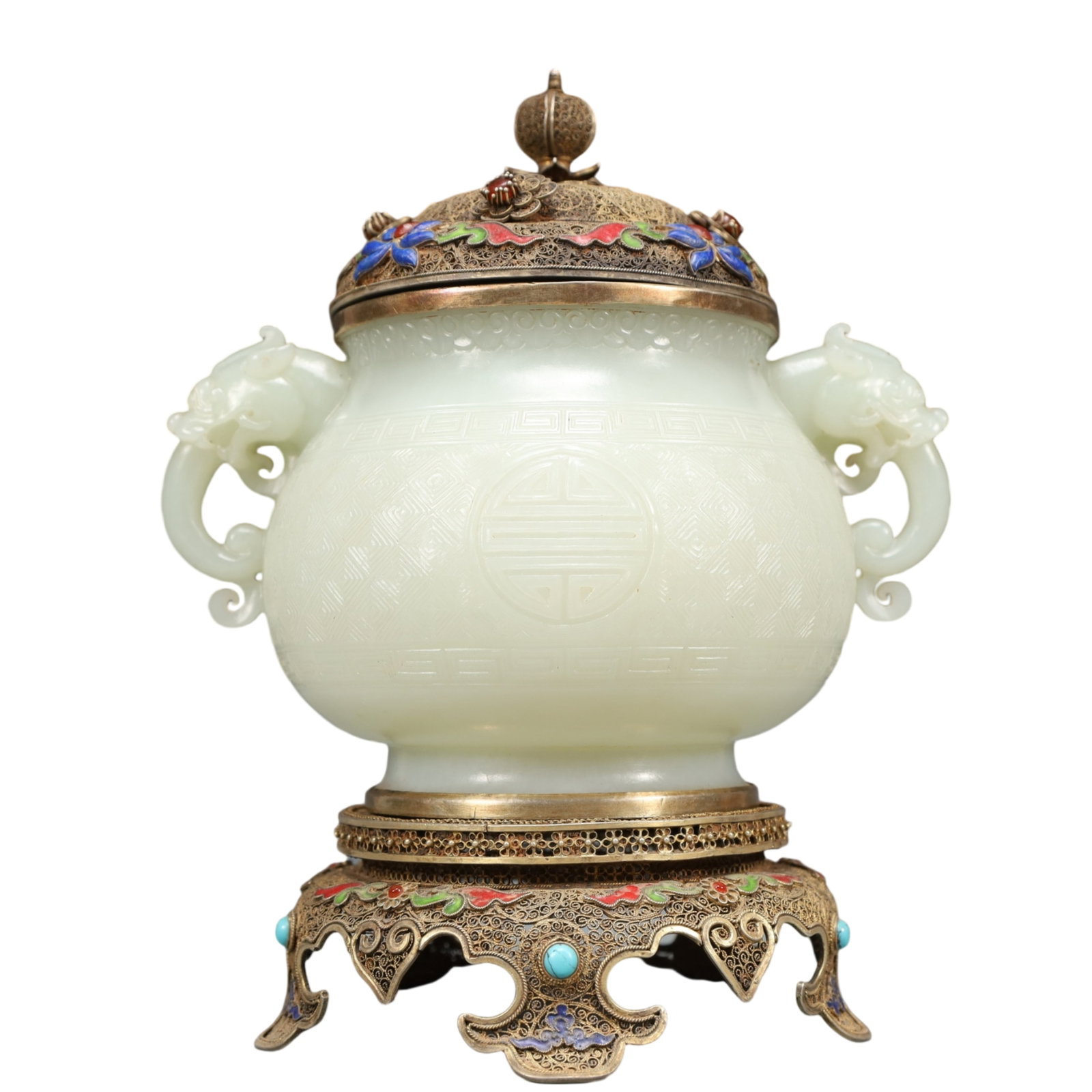 A Precious White Jade Inlaid Gems Double-Ears Censer (1 of 10)