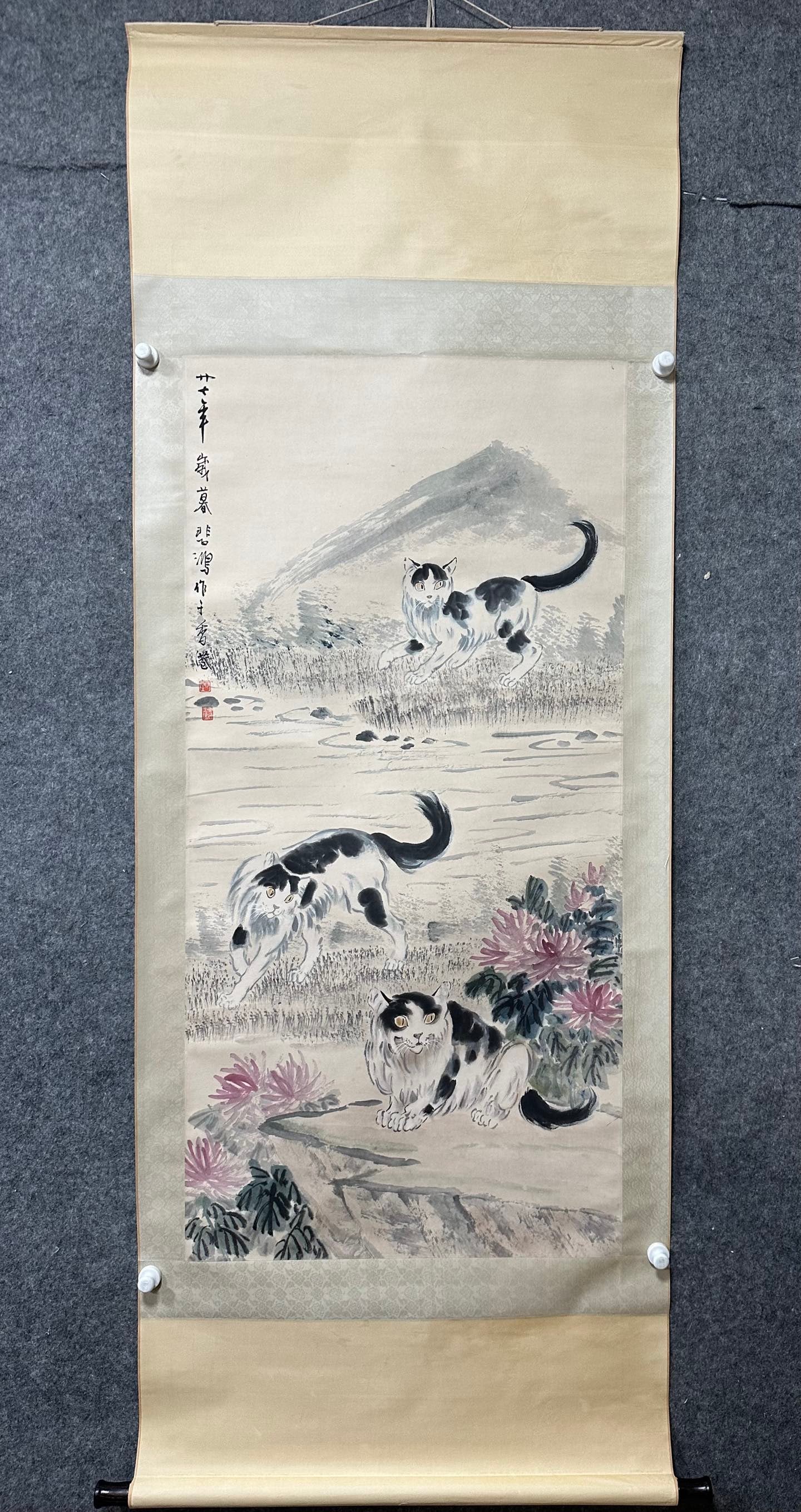 A Chinese Vertical Scroll Ink Painting of Cat on Paper: A Chinese Vertical Scroll Ink Painting of Cat on Paper,Xu Beihong,Size:53.5inx26.2in 一幅中国水墨猫画立轴,徐悲鸿