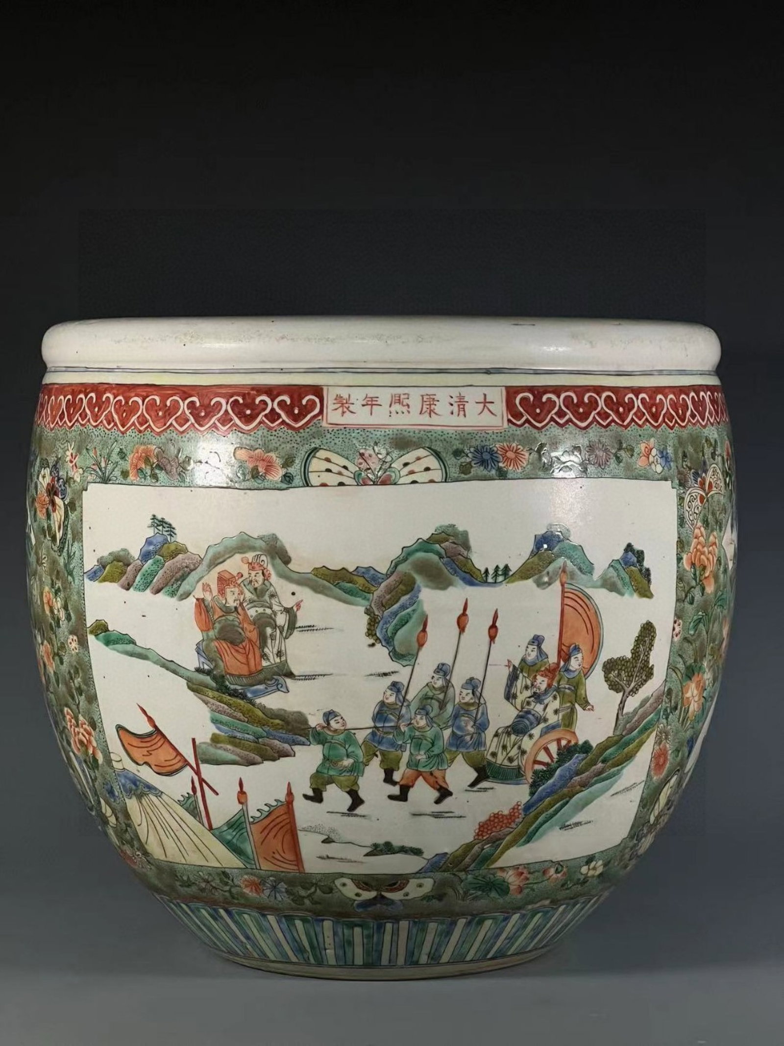 A Rare Wucai Character and Story Pattern Vat: A Rare Wucai Character and Story Pattern Vat,Qing Dynasty,China,Kangxi Six-character Mark,Size:14inx15.2in ????????,????,?????