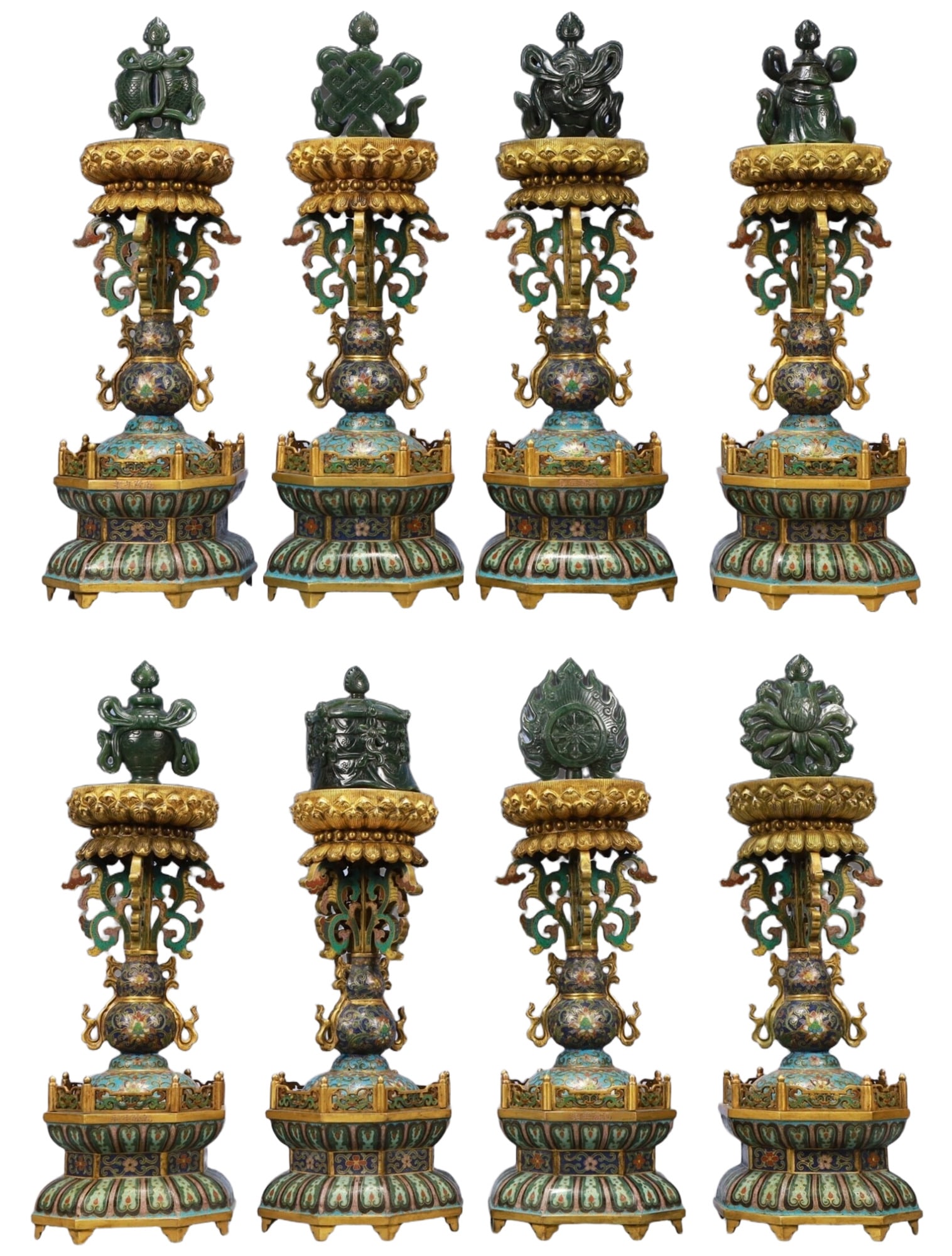A Set of Fine Cloisonne Lotus Pattern Eight Treasures Ornaments: A Set of Fine Cloisonne Lotus Pattern Eight Treasures Ornaments,Qing Dynasty, China,Size：4.3inx14.6in; Weight：16250g 一套景泰蓝缠枝莲ń