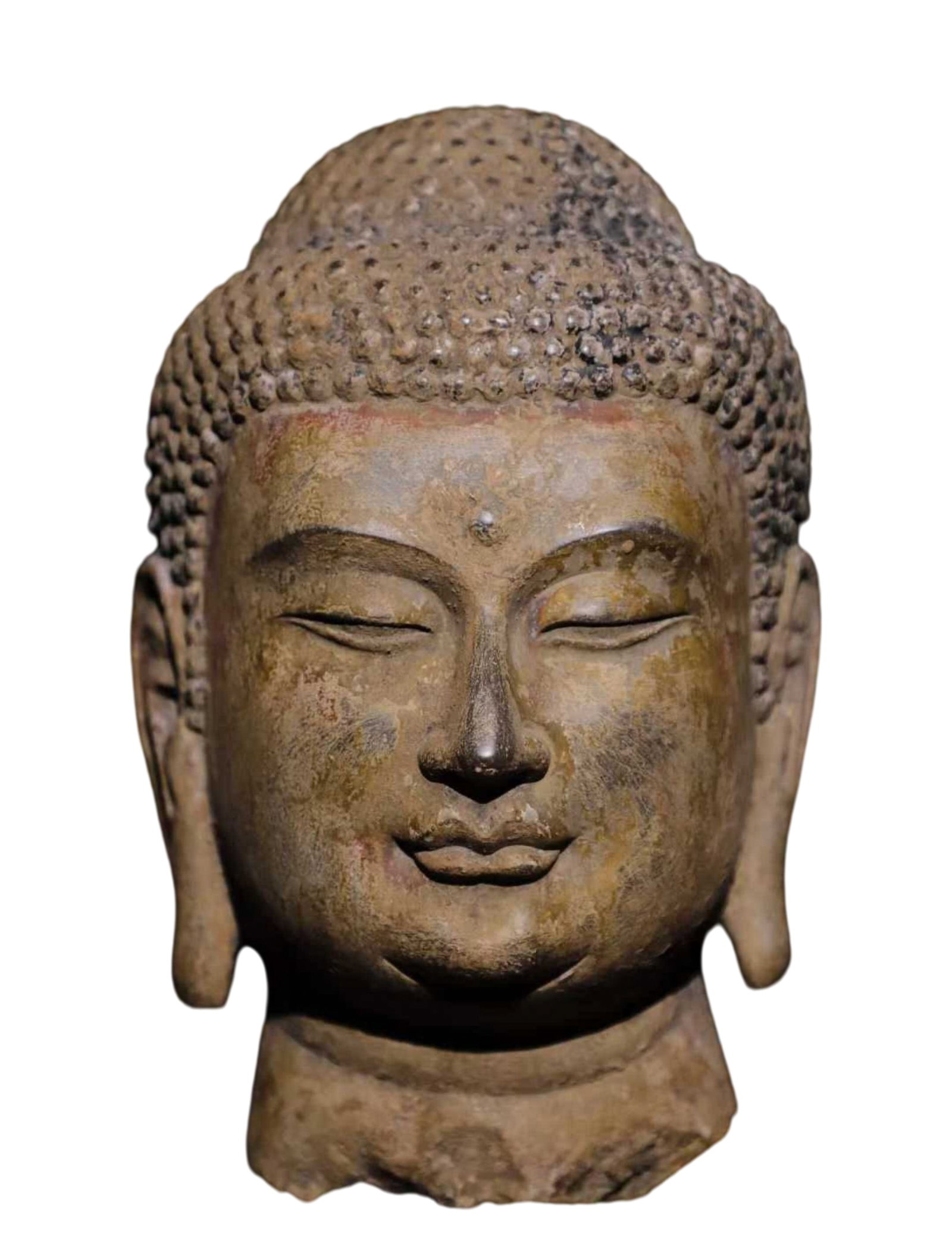 A Solemn Limestone Painted Color Sakyamuni-Head Ornament: A Solemn Limestone Painted Color Sakyamuni-Head Ornament,Tang Dynasty,China,Size:13in 青石彩绘如来头像摆件,中国唐代