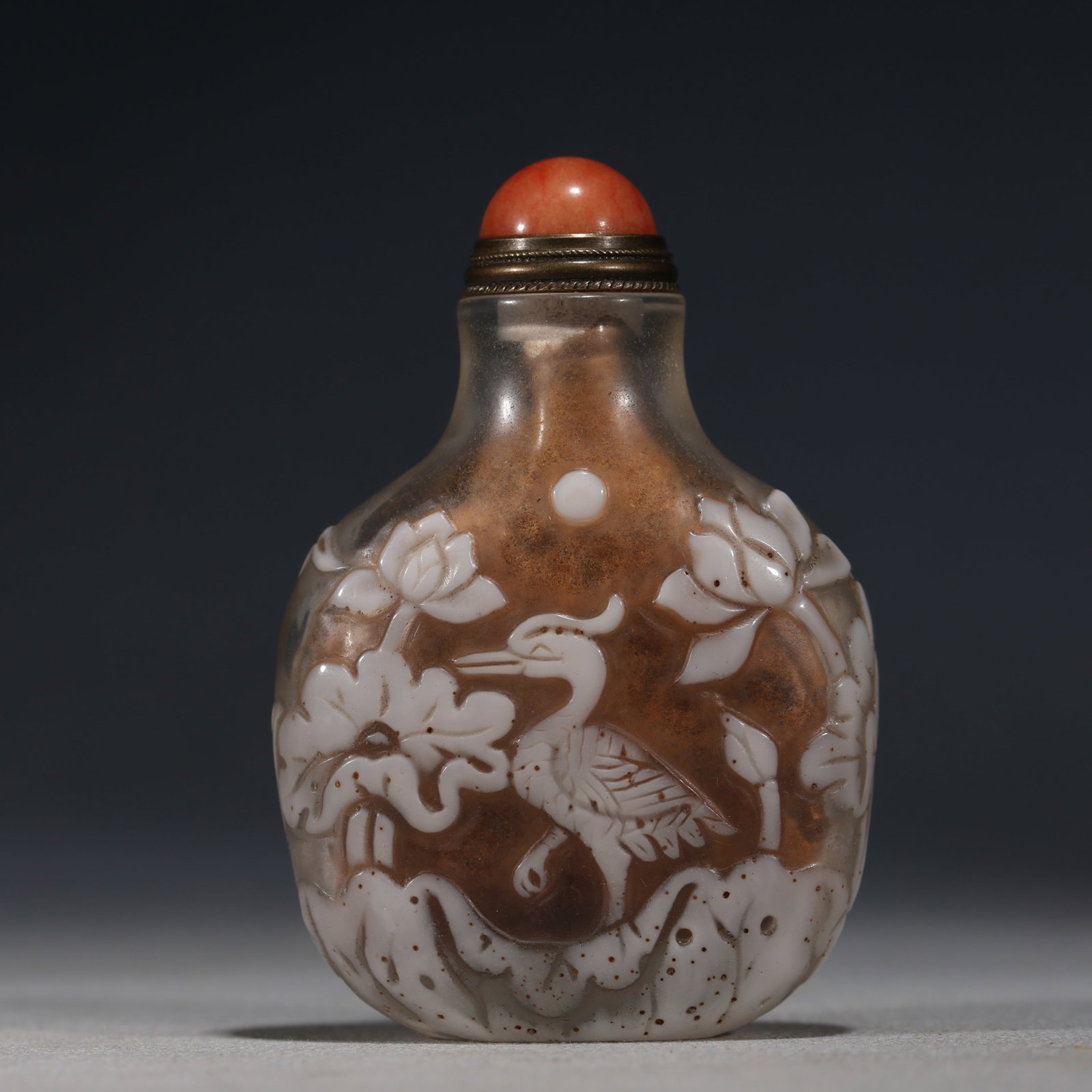An Exquisite Overlaid White Glass Snuff Bottle With Flower,Bird And Fish Pattern: An Exquisite Overlaid White Glass Snuff Bottle With Flower,Bird And Fish Pattern,China,Qing Dynasty,Four-Character Qianlong