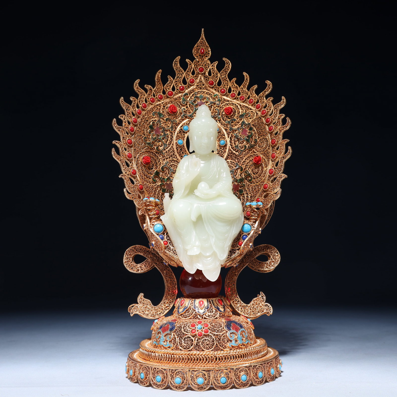 An Exquisite Filigree and Gilding Inlaid White Jade Buddha Statue, Inlaid Gems: An Exquisite Filigree and Gilding Inlaid White Jade Buddha Statue, Inlaid Gems, Qing Dynasty,China, Qianlong Four-character Mark, Size:6.3inx5.5inx13in,Weight:1250g