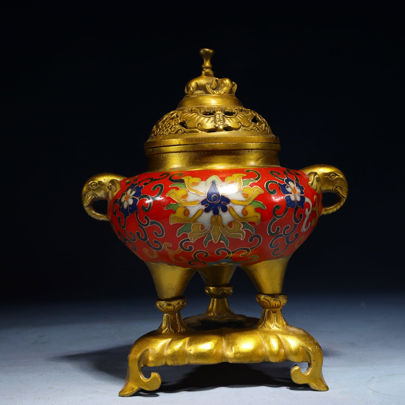 An Exquisite Cloisonne Flower Pattern Elephant-Ears Tripod Censer: An Exquisite Cloisonne Flower Pattern Elephant-Ears Tripod Censer,Qing Dynasty,China,Qianlong Four-character Mark,Size:7.9inx6.3inx5.1in,Weight:1050g