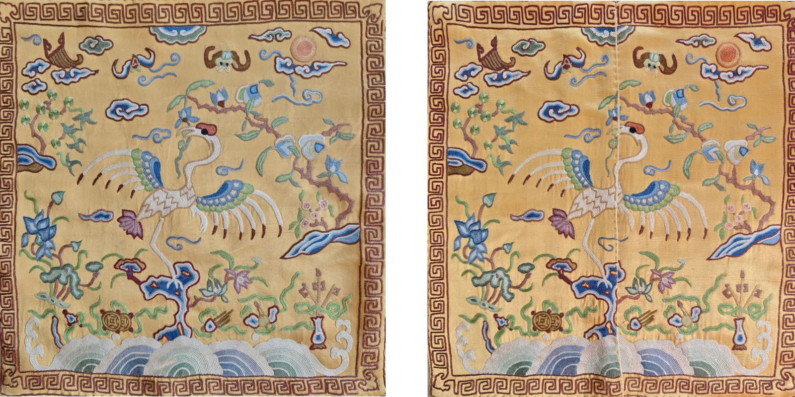 A pair of embroidered auspicious clouds and cranes for civil servants: pair of embroidered auspicious clouds and crane patterns in the late Qing Dynasty. The auspicious clouds and crane patterns on each civil official patch are presented in a detailed and exquisite