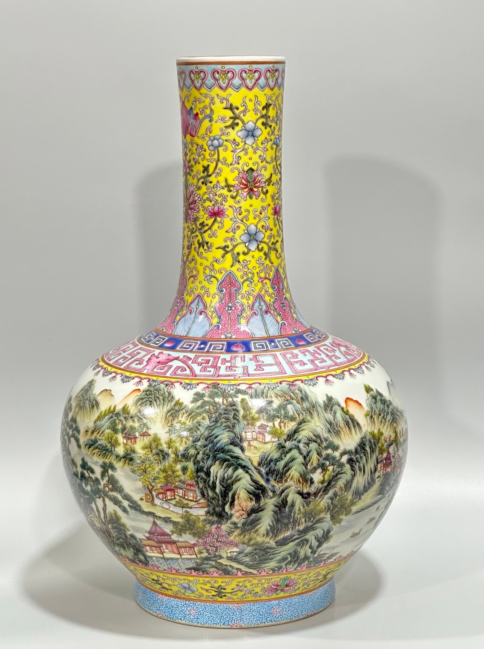 A Huge Yellow Ground Enamel Landscape Pattern Vase: A Huge Yellow Ground Enamel Landscape Pattern Vase,Qing Dynasty,China,Qianlong Six-character Mark,Size:15.9inx10.2in