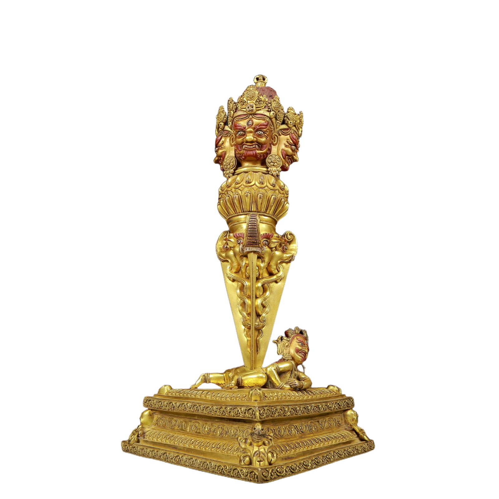 A Magnificent Gilt-Bronze Ritual Scepter, Vajra: A Magnificent Gilt-Bronze Ritual Scepter, Vajra. Cast with a band of human masks, each's topknot surmounted by a splendid diadem. Chinese Ming Dynasty. Size:10.6inx9.1inx16.9in Weight:5190g 明&#