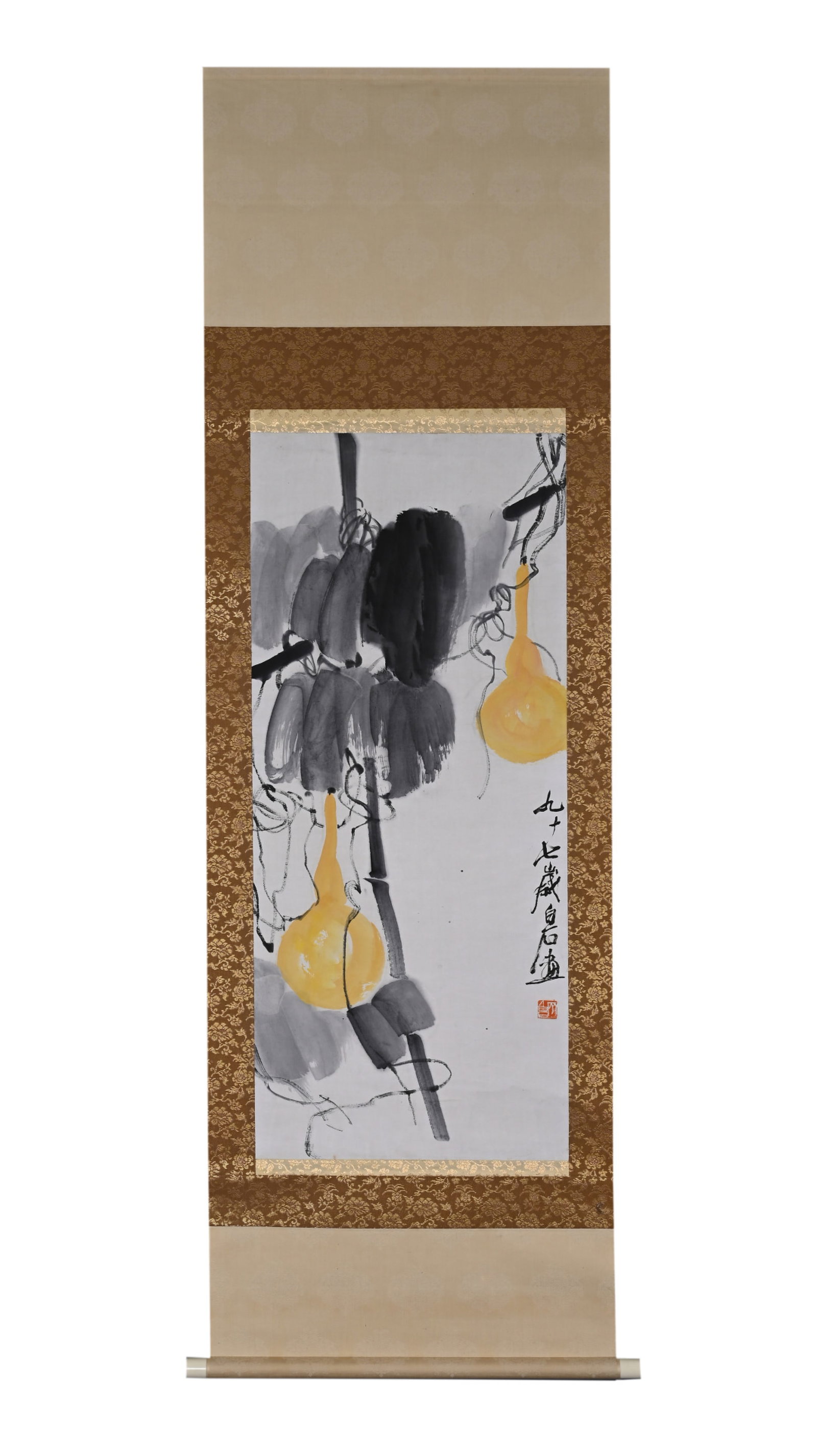 A Chinese Vertical Scroll Ink Painting of Gourd on Paper: A Chinese Vertical Scroll Ink Painting of Gourd on Paper,Qi Baishi,Size:38.6inx16.1in 一幅中国水墨葫芦画立轴,齐白石
