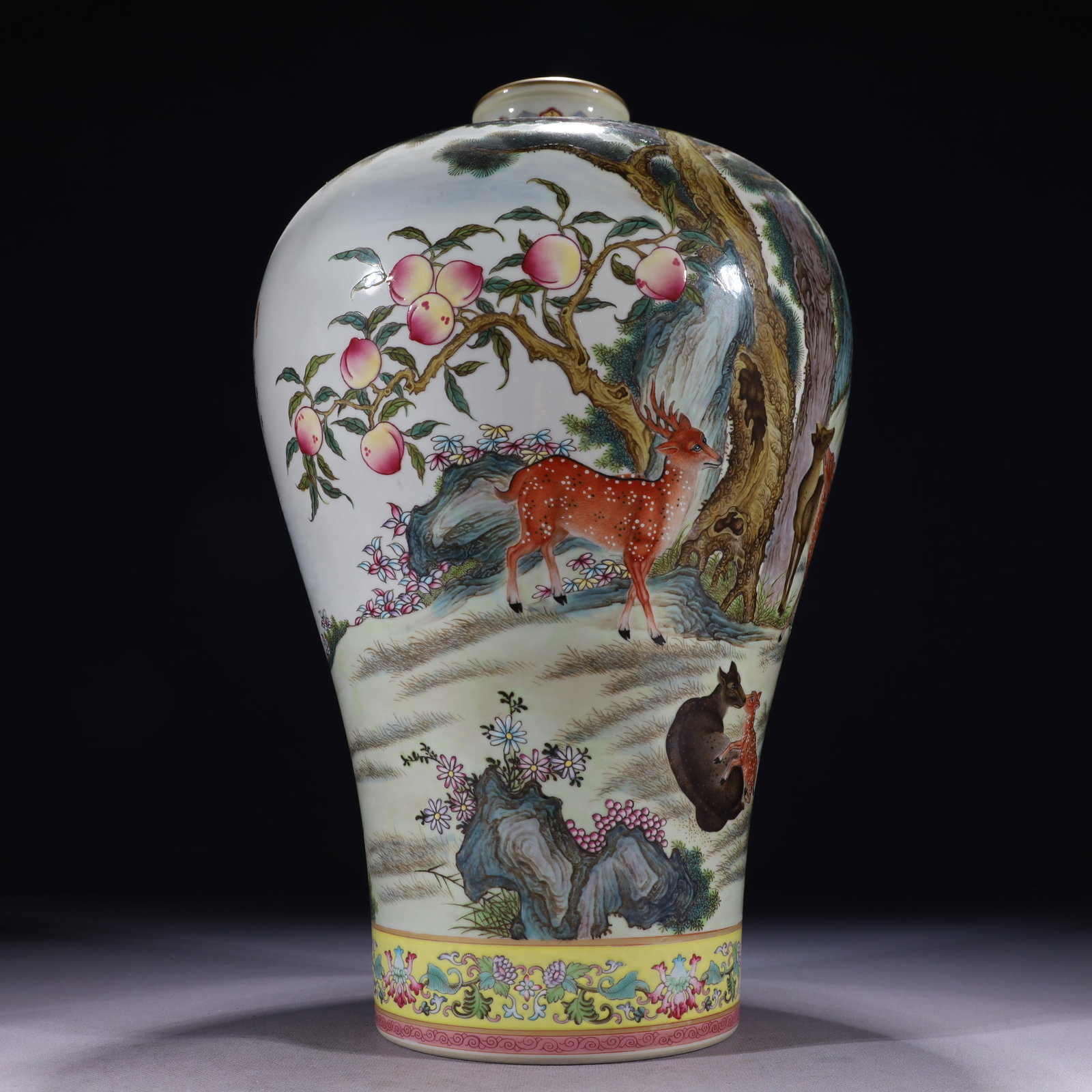 An Exquisite Enamel Painted Gold Pine and Deer Pattern Vase,with poem: An Exquisite Enamel Painted Gold Pine and Deer Pattern Vase,with poem,Qing Dynasty,China,Yongzheng Six-character Mark,Size:8.7inx15.4in,Weight:5150g 珐琅彩描金松