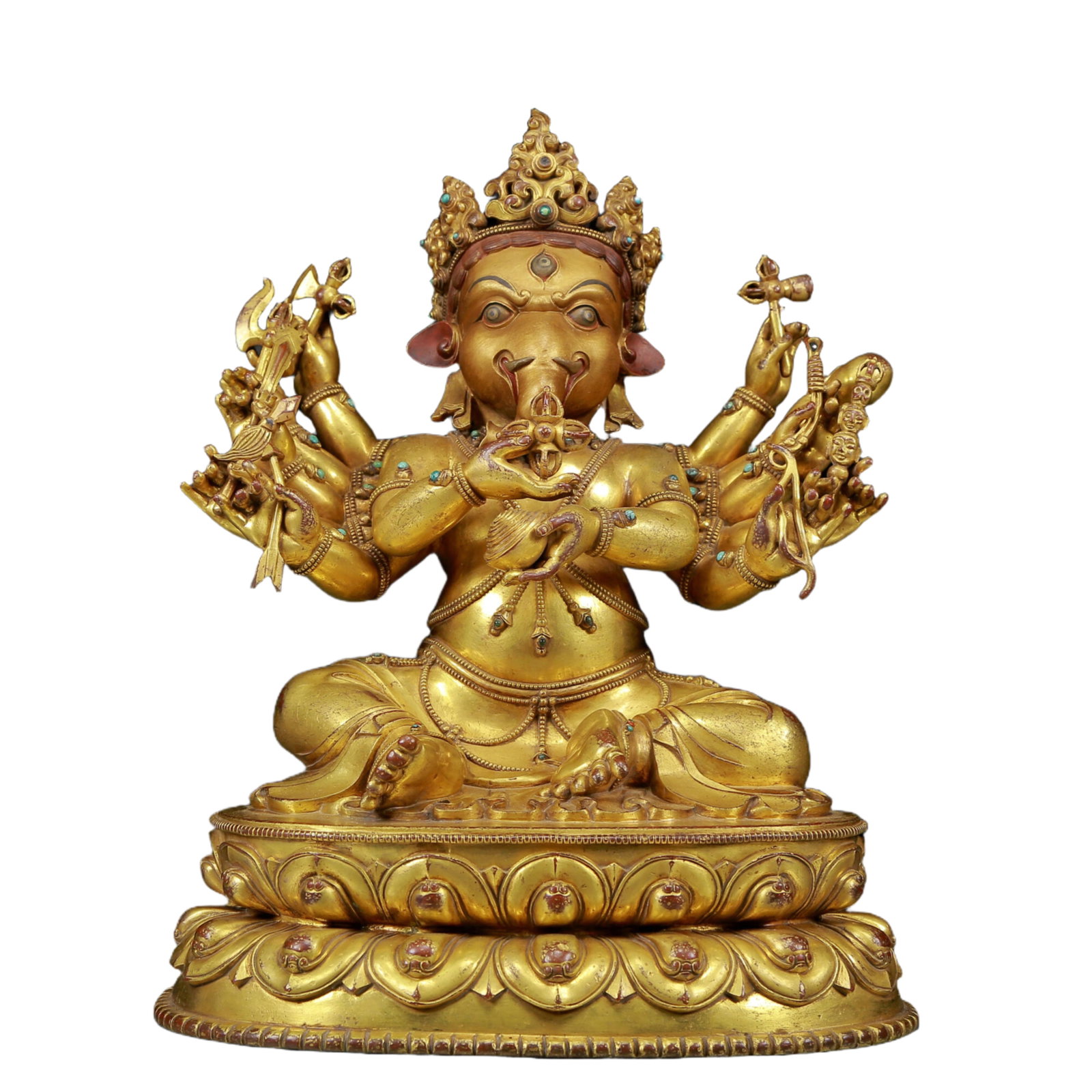 A solemn gilt bronze statue of the God of Wealth with an elephant trunk inlaid with precious stones (1 of 9)
