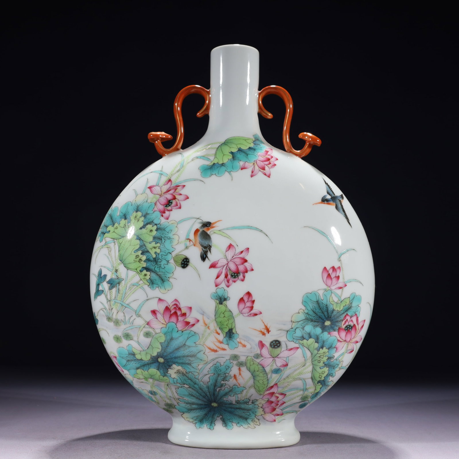 An Exquisite Famille-Rose Flower and Bird Pattern Double-Ears Vase,with poem: An Exquisite Famille-Rose Flower and Bird Pattern Double-Ears Vase,with poem,Qing Dynasty,China,Qianlong Six-character Mark,Size:9.1inx4.3inx13.8in,Weight:2600g