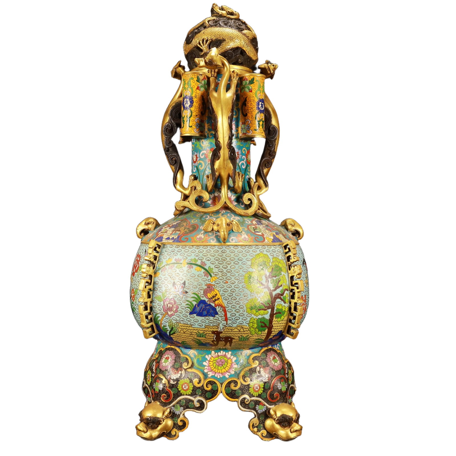 A Huge Cloisonne Flower and Bird Pattern Dragon-Ears Beast-Legs Censer: A Huge Cloisonne Flower and Bird Pattern Dragon-Ears Beast-Legs Censer,(A type of enamelware with metal wires separating colored glaze, originating in China),Qing Dynasty,China,Qianlong Six-character