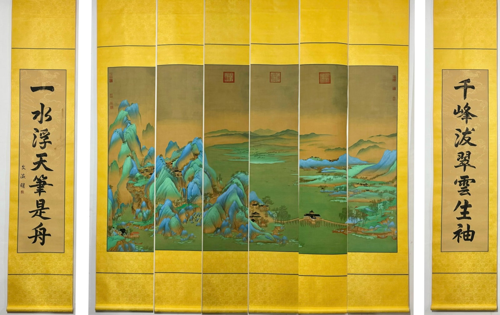 A Set of Chinese Vertical Scroll Ink Painting of Landscape on Silk: A Set of Chinese Vertical Scroll Ink Painting of Landscape on Silk,Chou Ying,Size:(entirety)90.6inx90.6in,(Without frame)85inx52.4in 一套中国水墨绢本