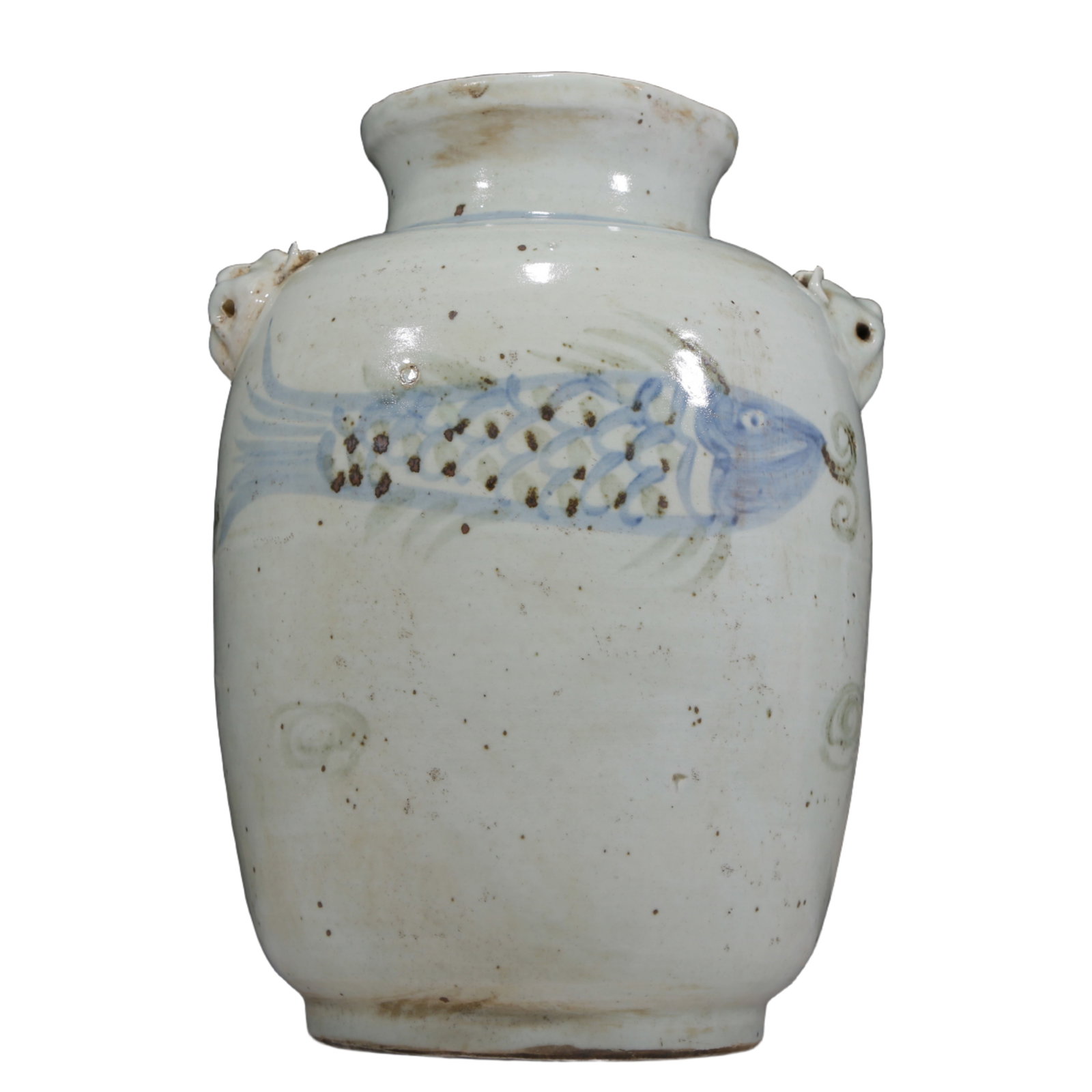 An Elaborate Blue And White Copper-Red 'Fish' Beast-Handled Korean Jar: An Elaborate Blue And White Copper-Red 'Fish' Beast-Handled Korean Jar. Ancient South Korea, Gaoli Period. Size:10.2inx9.1inx15in. Weight:g. 高丽时期
