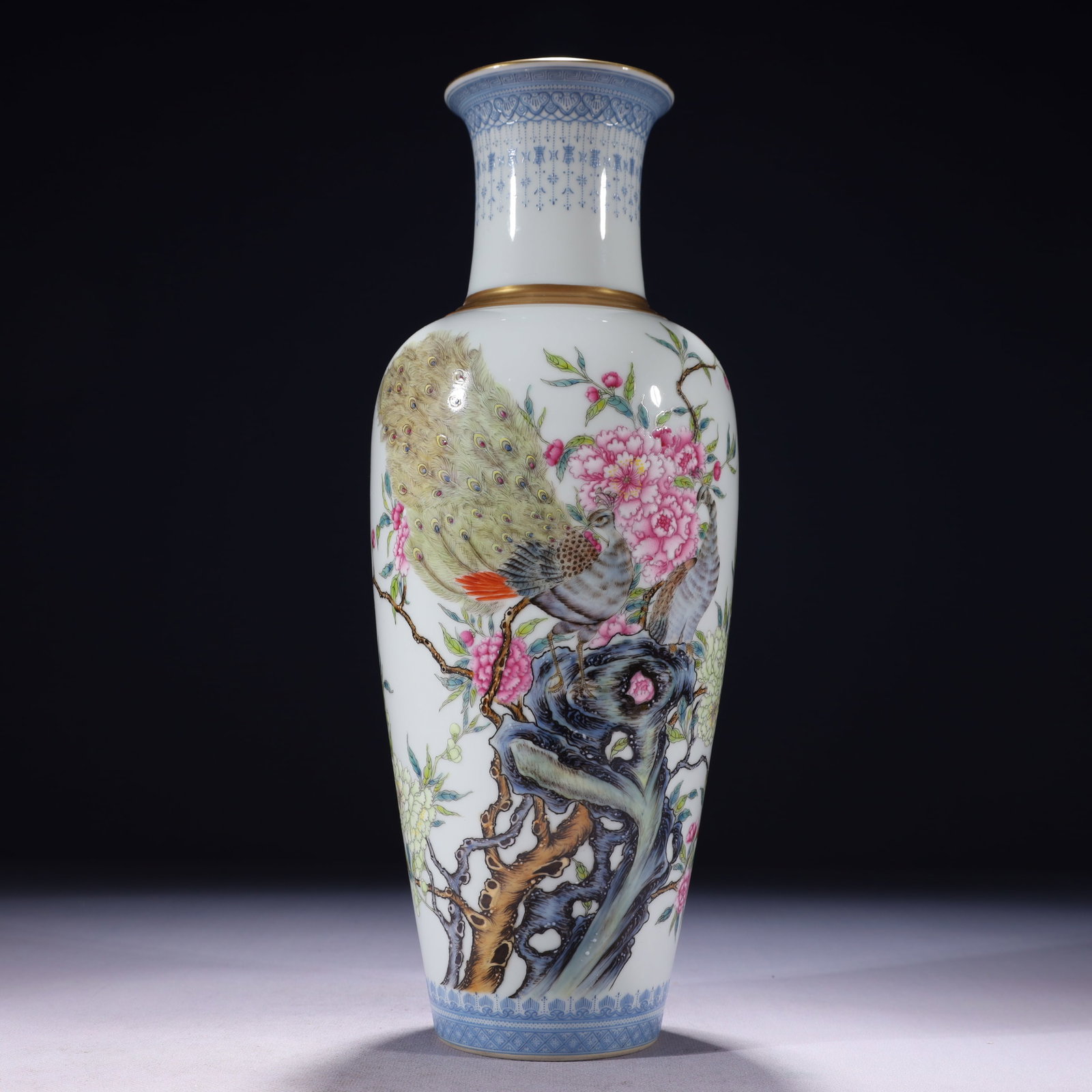 An Exquisite Famille-Rose Painted Gold Flower and Peacock Pattern Vase,with poem: An Exquisite Famille-Rose Painted Gold Flower and Peacock Pattern Vase,with poem,Qing Dynasty,China,Yongzheng Six-character Mark,Size:5.1inx14in,Weight:1500g 粉彩描金花&#