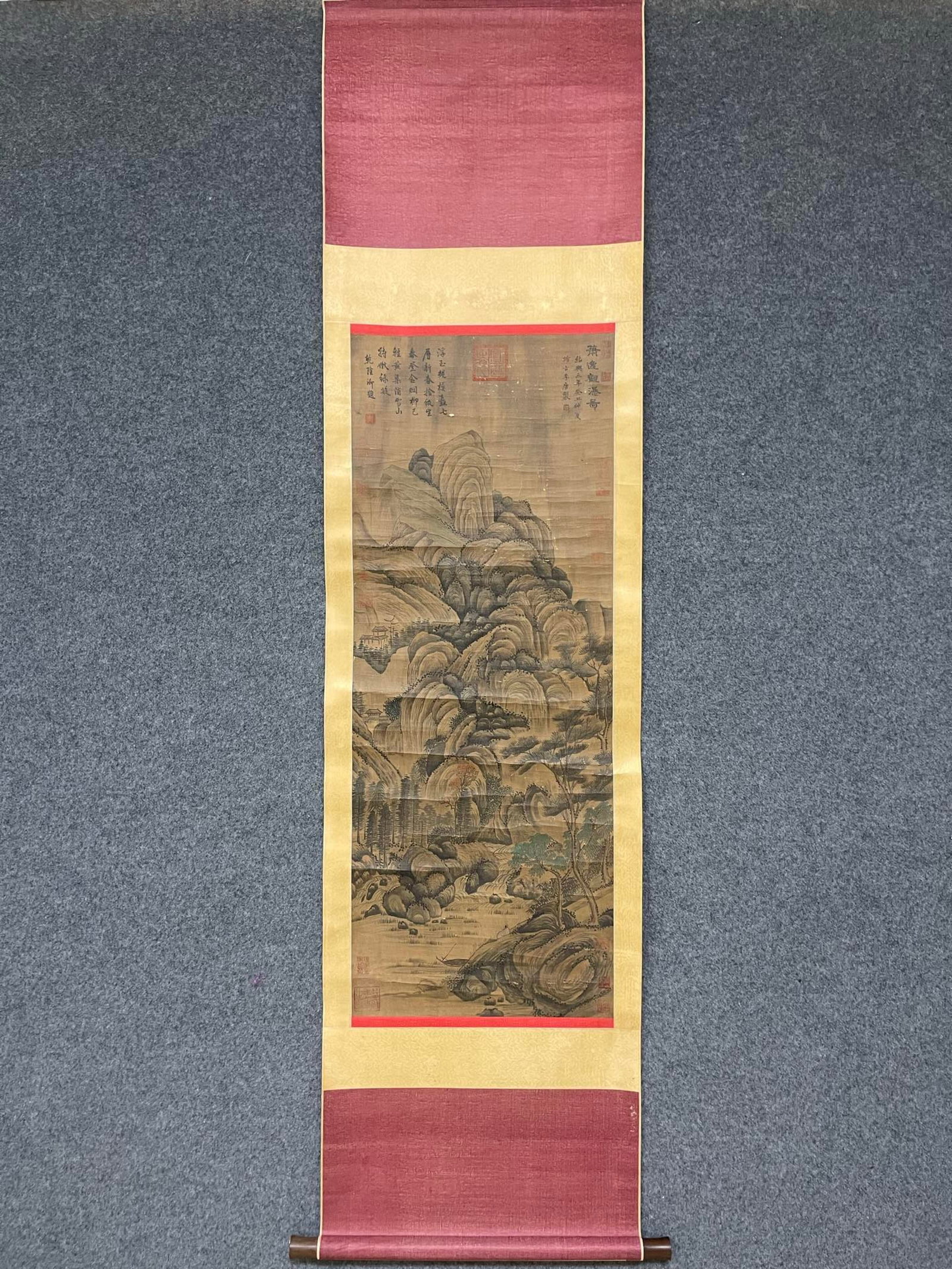 A Chinese Vertical Scroll Ink Painting of Landscape on Silk: A Chinese Vertical Scroll Ink Painting of Landscape on Silk,Li Tang,Size:18.5inx47.6in 一幅中国水墨绢本山水画立轴,李