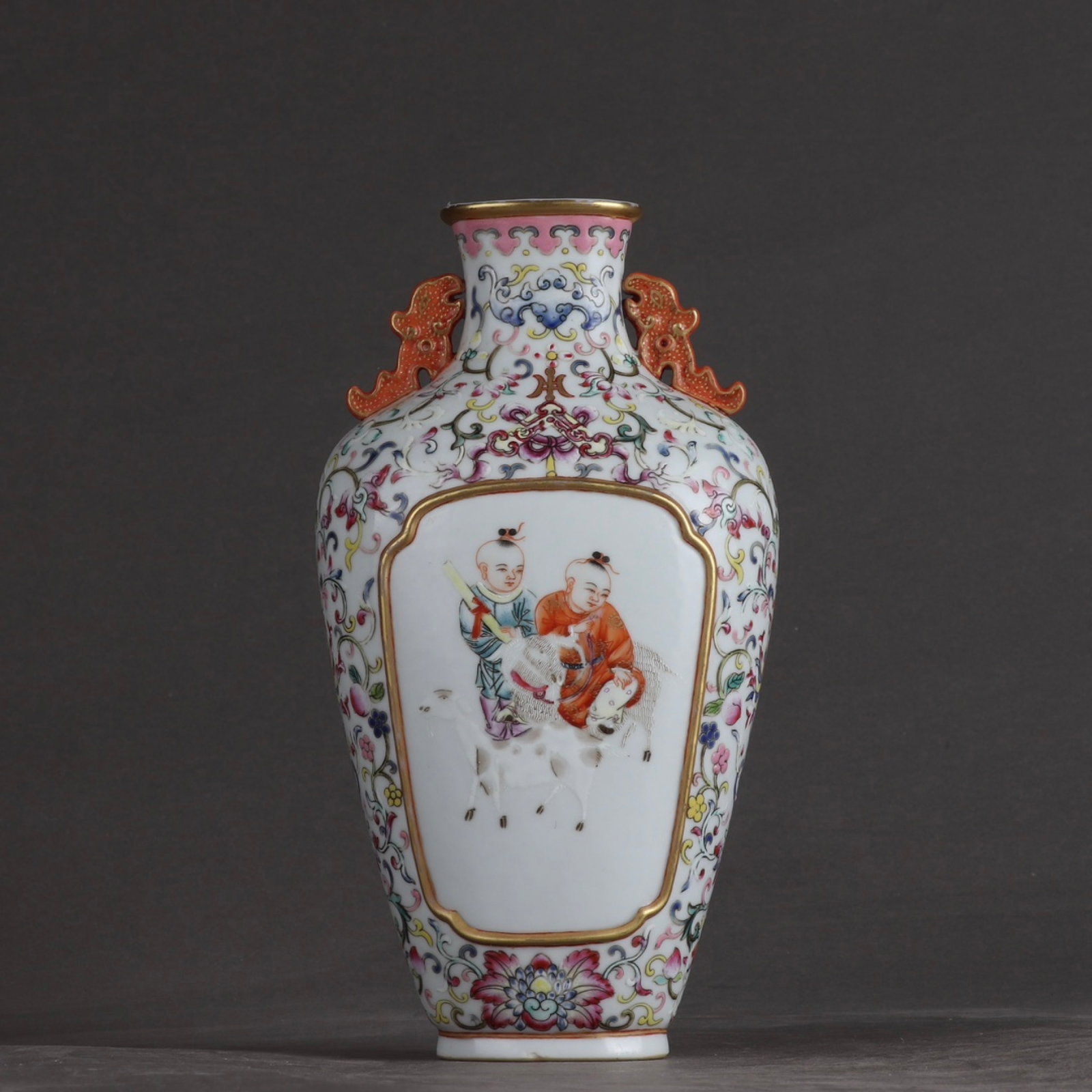 An Exquisite Famille-Rose Painted Gold Character and Story Pattern Double-Ears Vase: An Exquisite Famille-Rose Painted Gold Character and Story Pattern Double-Ears Vase,Qing Dynasty,China,Jiaqing Six-character Mark,Size:7.9inx4.3in 粉彩描金人物ă