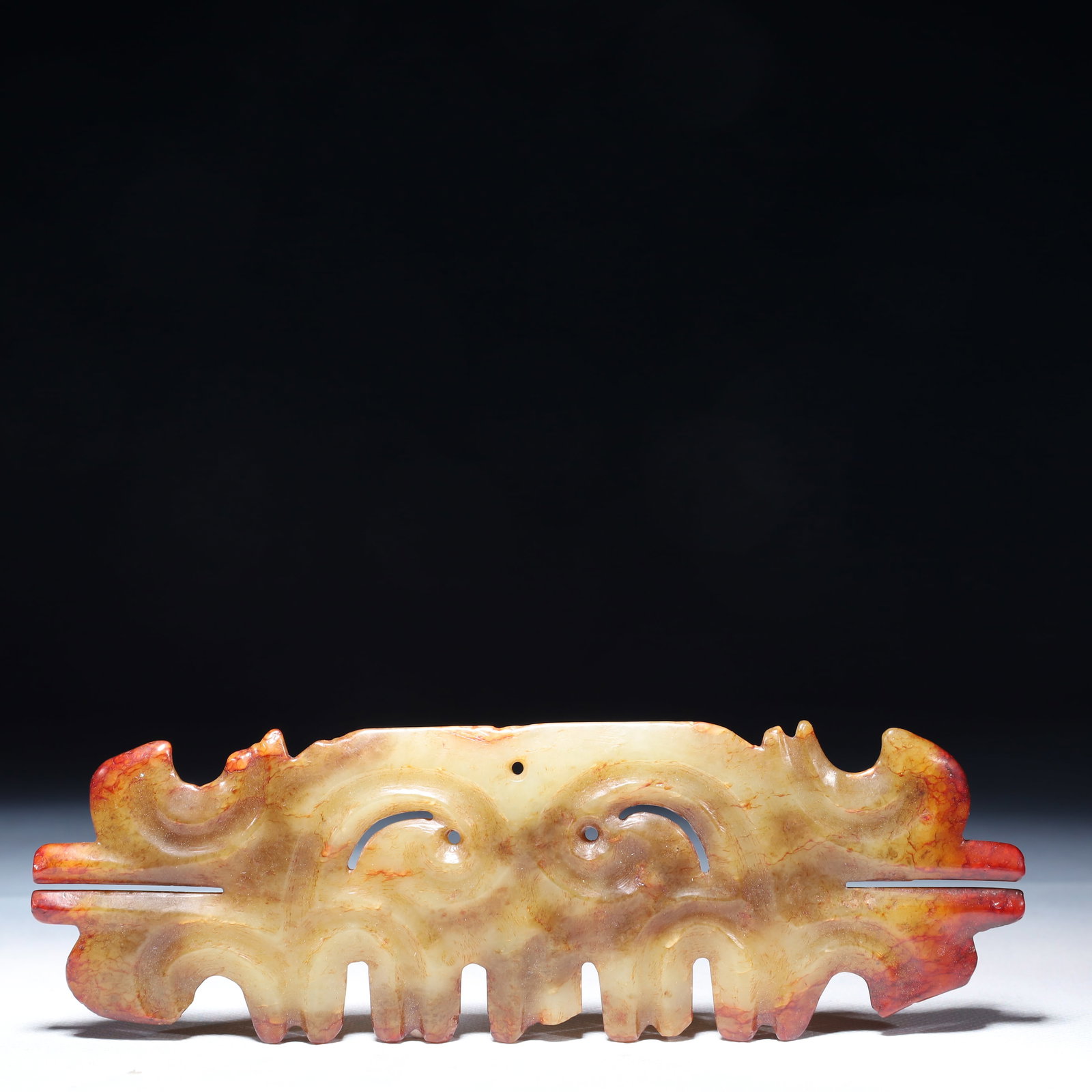 An Archaic Hongshan Culture White Jade Beast-Face Pattern Pendant: An Archaic Hongshan Culture White Jade Beast-Face Pattern Pendant,Ancient Time,China,Size:7.1inx2.4in,Weight:4.07g 红山文化白玉兽面纹挂Ê