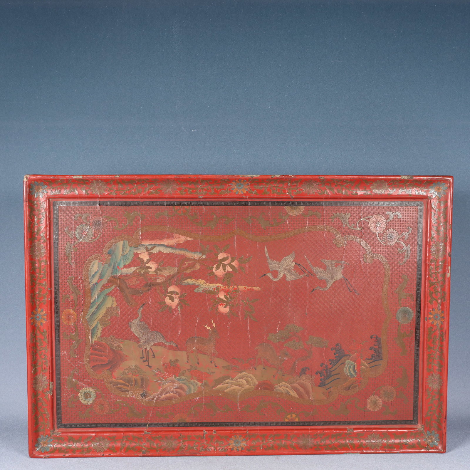 A Huge Carved Red Lacquer Painted Color Crane and Deer Pattern Plate (1 of 6)