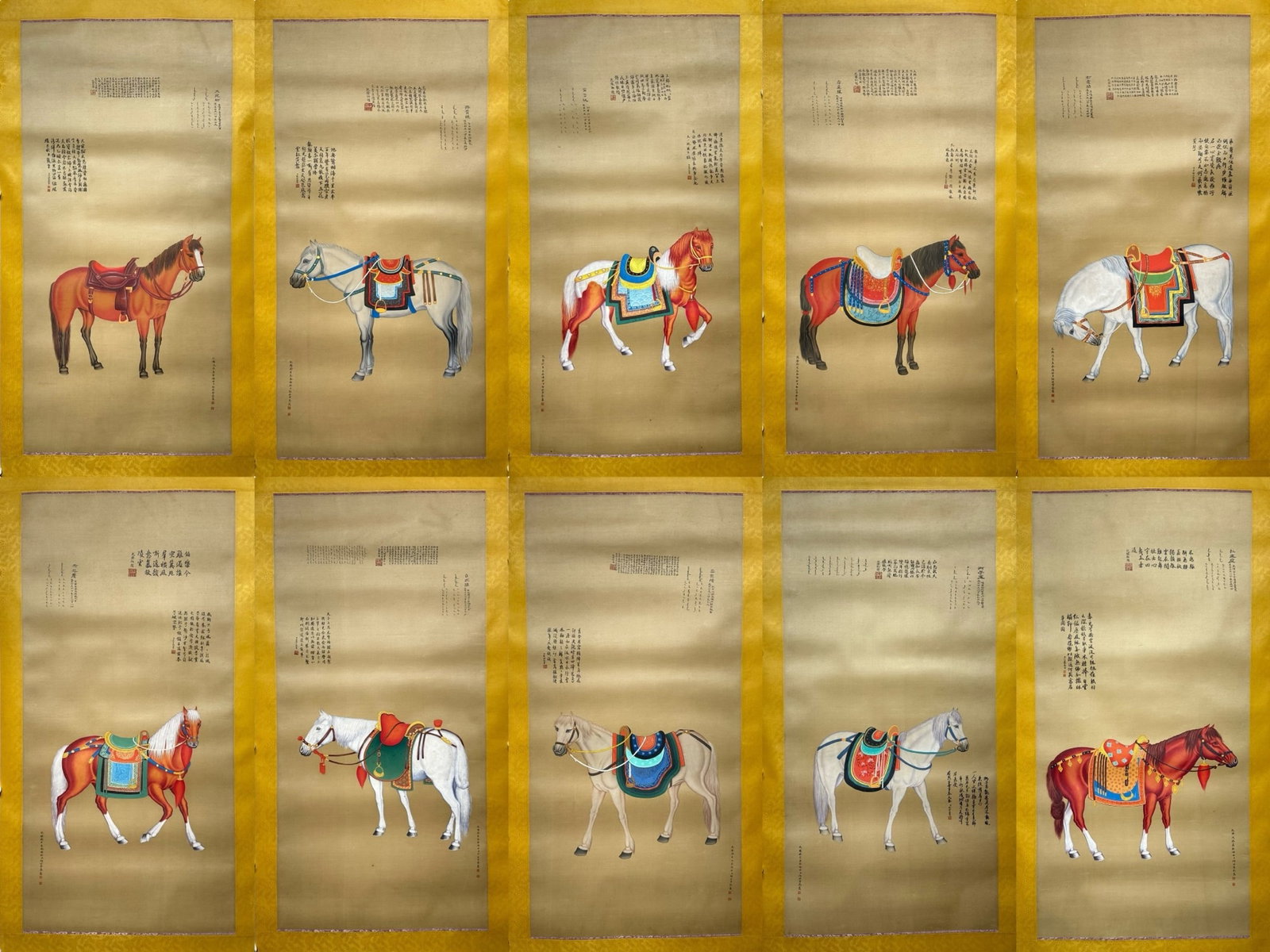 A Set of Chinese Ink Painting of Horse on Silk: A Set of Chinese Ink Painting of Horse on Silk,Lang Shining,Size:(entirety)66.9inx32.3in,(Without frame)53.9inx26.4in 一套中国水墨绢本骏马&#