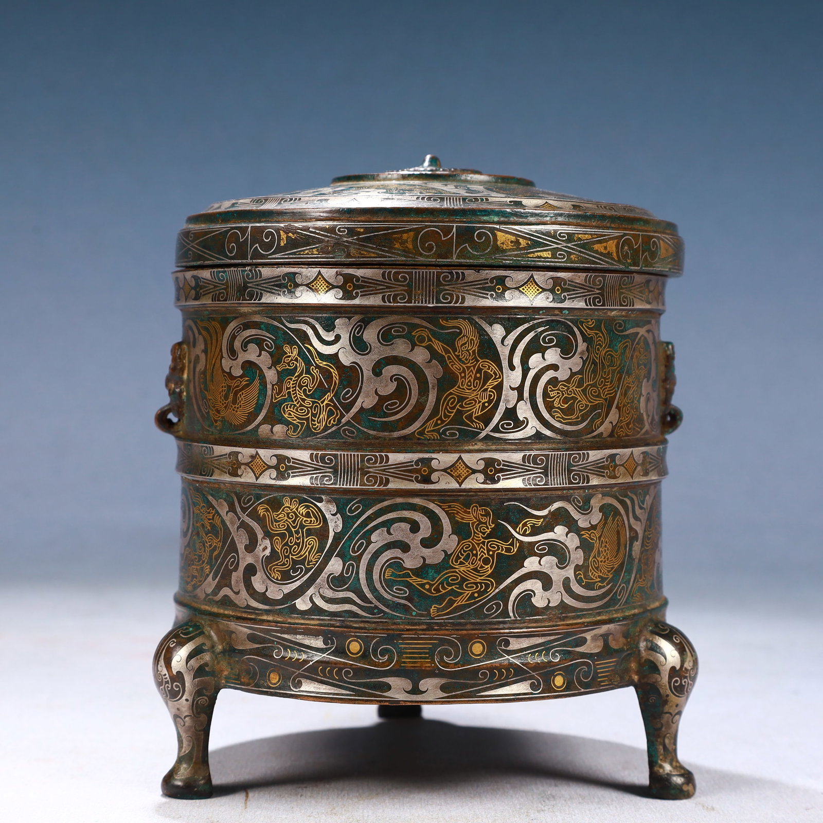An Exquisite Bronze Inlaid Gold and Silver Auspicious Beast Pattern Beast-Ears Tripod Censer: An Exquisite Bronze Inlaid Gold and Silver Auspicious Beast Pattern Beast-Ears Tripod Censer,Qing Dynasty, China,Size:5.1inx5.5in,Weight:1700g