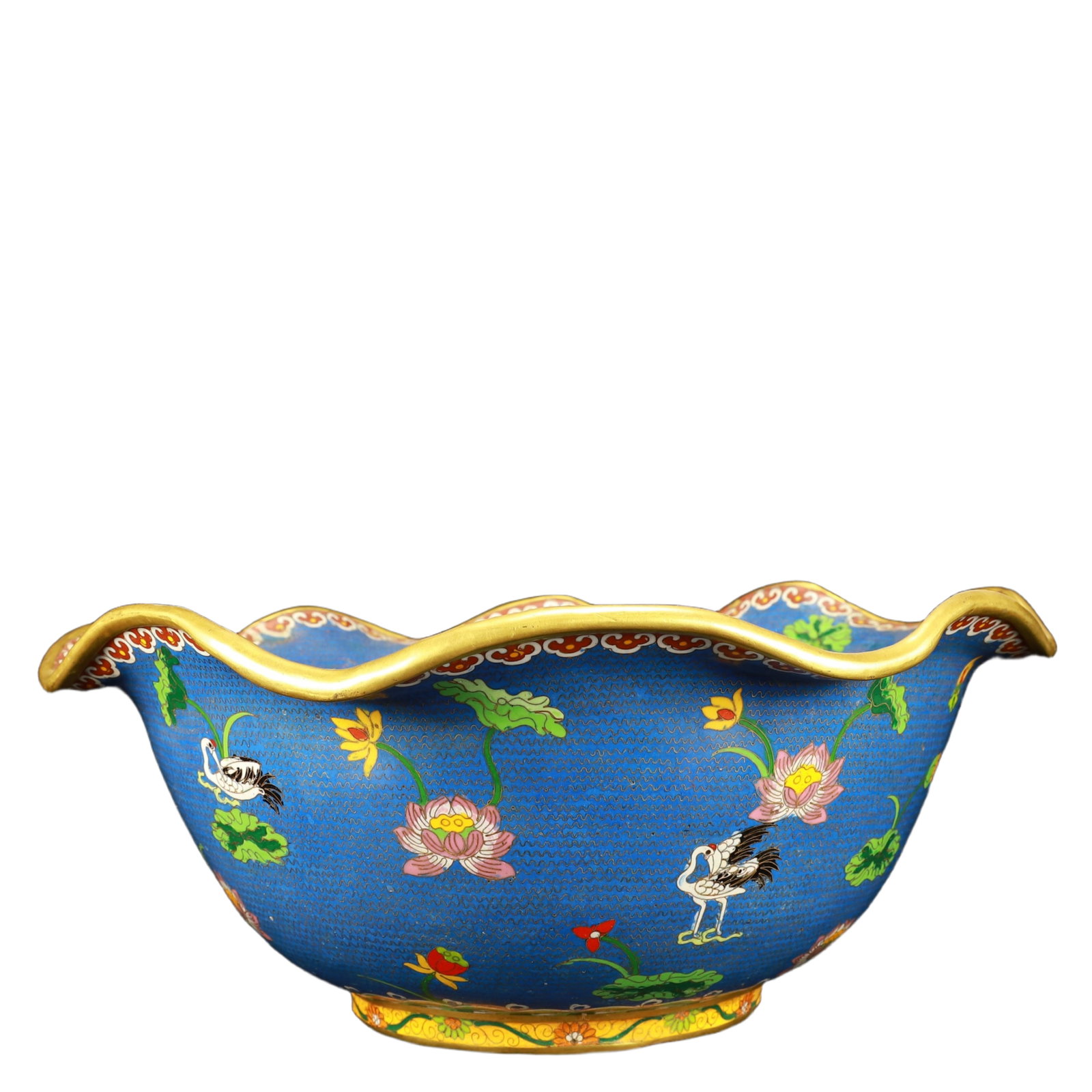 A Huge Cloisonne Lotus and Crane Pattern Basin: A Huge Cloisonne Lotus and Crane Pattern Basin,(A type of enamelware with metal wires separating colored glaze, originating in China),Qing Dynasty,China,Qianlong Six-character