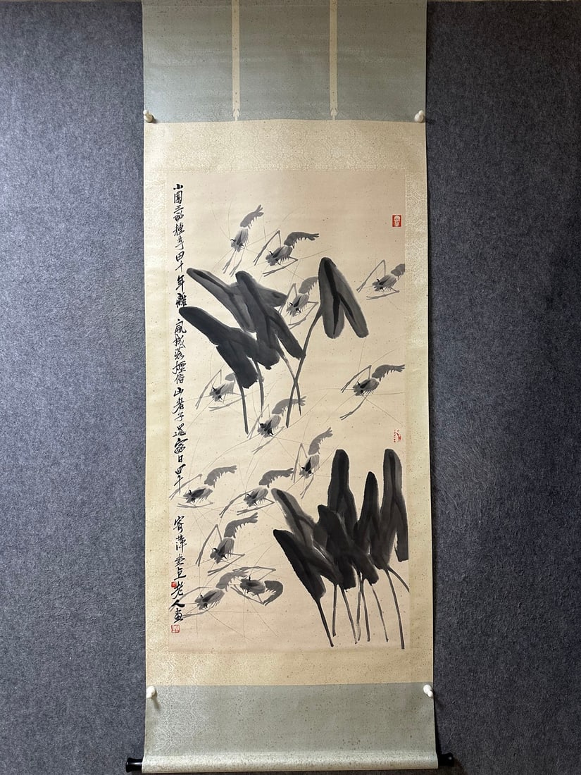An Exquisite Chinese Vertical Scroll Ink Painting of Shrimp on Paper: An Exquisite Chinese Vertical Scroll Ink Painting of Shrimp on Paper,Qi Baishi,Size:53.9inx26.8in