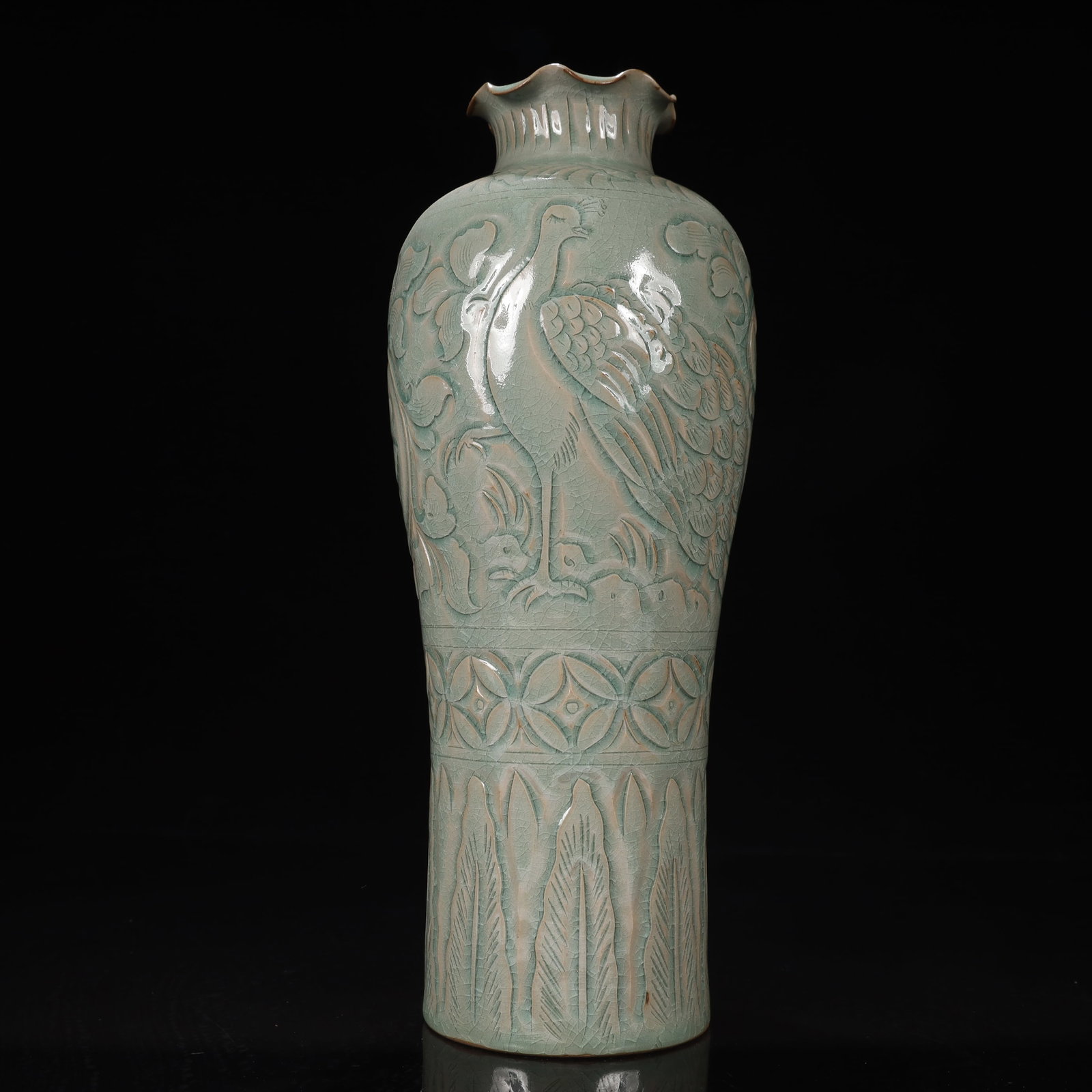 A Rare Yaozhou yao Flower and Bird Pattern Vase: A Rare Yaozhou yao Flower and Bird Pattern Vase,Song Dynasty, China,Size:4.9inx4.9inx12.8in,Weight:1450g