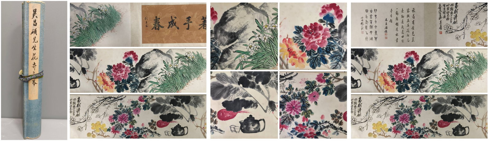 A Chinese Hand Scroll Ink Painting of Flower on Paper: A Chinese Hand Scroll Ink Painting of Flower on Paper,Wu Changshuo,Size:126inx15.7in 一幅中国水墨花卉画手卷,吴昌硕