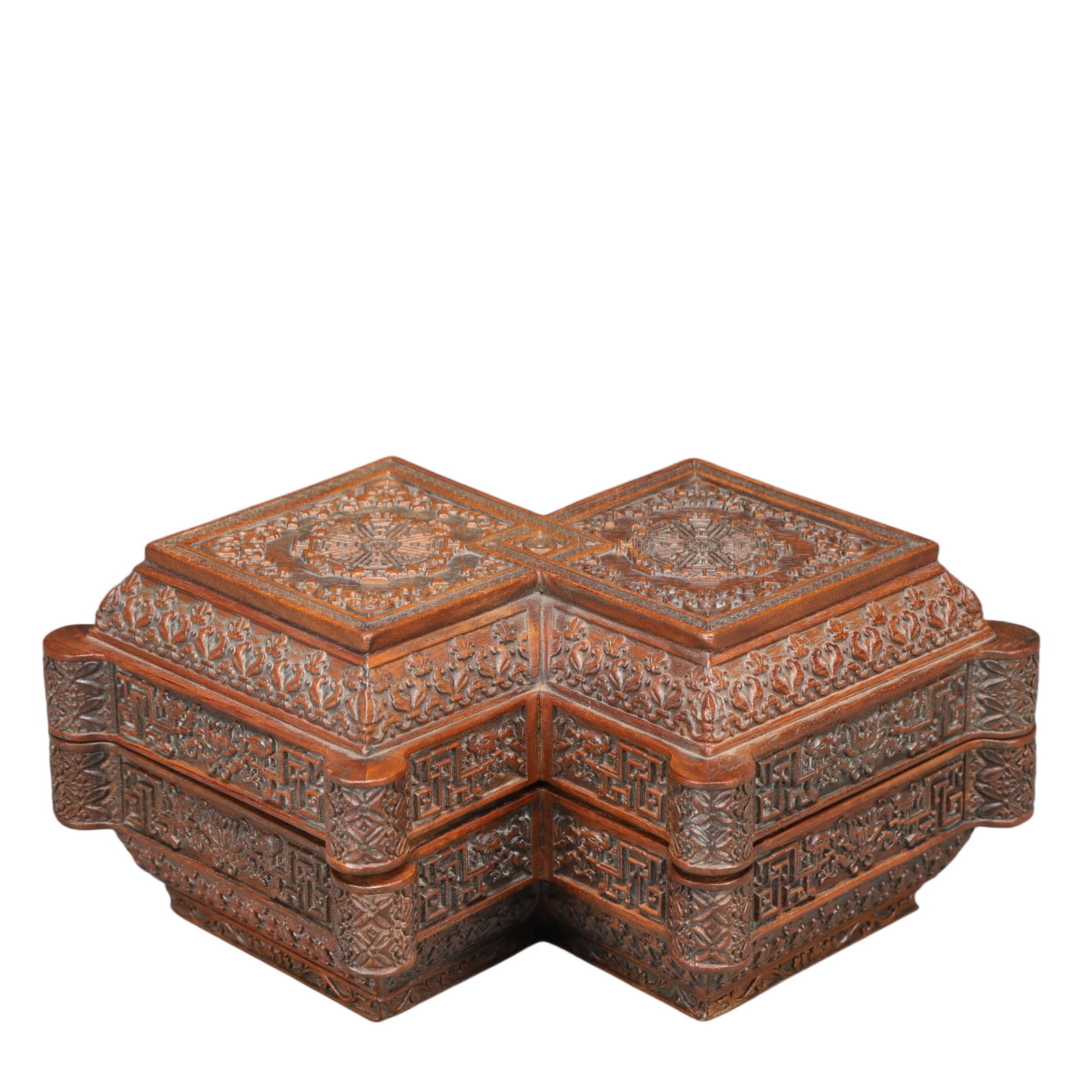 A Precious Poplar wood Flower Pattern Box: A Precious Poplar wood Flower Pattern Box,Qing Dynasty, China,Size:11.6inx7.5inx5.1in Weight:1050g 黄杨木花卉纹盒,中国清代