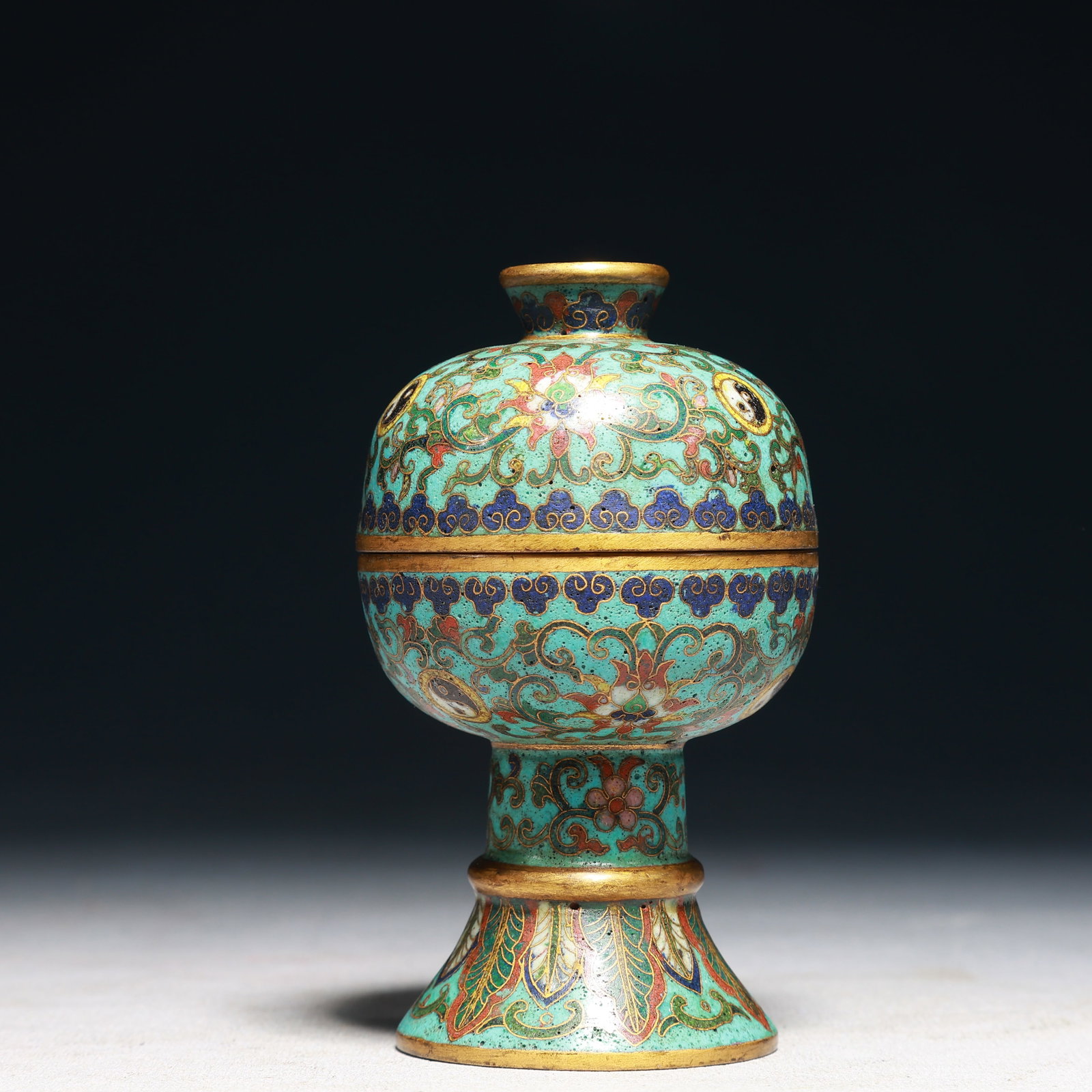 An Exquisite Cloisonne Lotus and Trigram Pattern Stem Jar with Cover: An Exquisite Cloisonne Lotus and Trigram Pattern Stem Jar with Cover,Qing Dynasty,China,Size:2.8inx4.5in,Weight:400g