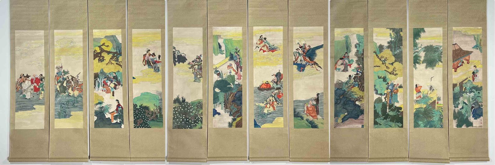 A Set of Chinese Vertical Scroll Ink Painting of Character and Story on Paper: A Set of Chinese Vertical Scroll Ink Painting of Character and Story on Paper,Ren Bonian,Size:(entirety)66.1inx15in,(Without frame)38.6inx11in