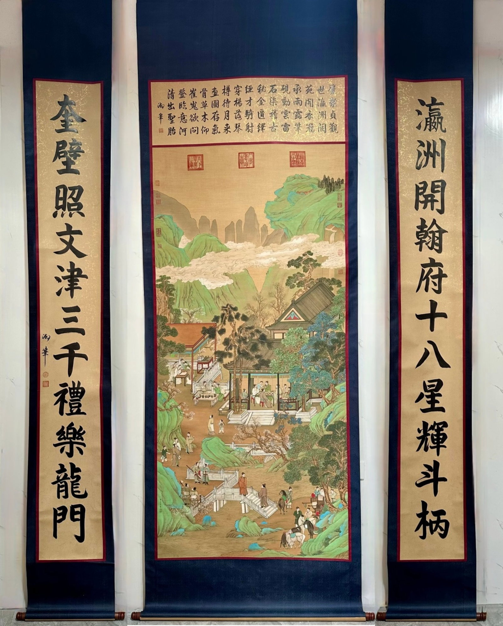 A Set of Chinese Vertical Scroll Ink Painting of Landscape and Figure on Silk: A Set of Chinese Vertical Scroll Ink Painting of Landscape and Figure on Silk,Chou Ying,Size:(entirety)124inx44.5in,(Without frame)83.9inx39.4in