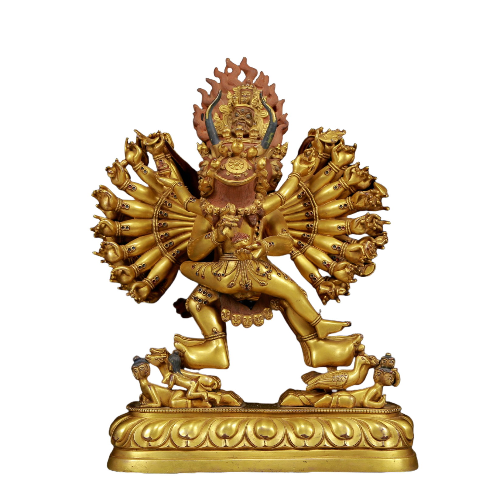 A Brilliant Gilt-Bronze Figure Of Yamantaka Vajrabhairava: A Brilliant Gilt-Bronze Figure Of Yamantaka Vajrabhairava. Feet stepped on prostrating figures. 16th Century. Size:10.2inx5.5inx14.2in. Weight:9930g 16世纪 铜鎏金大