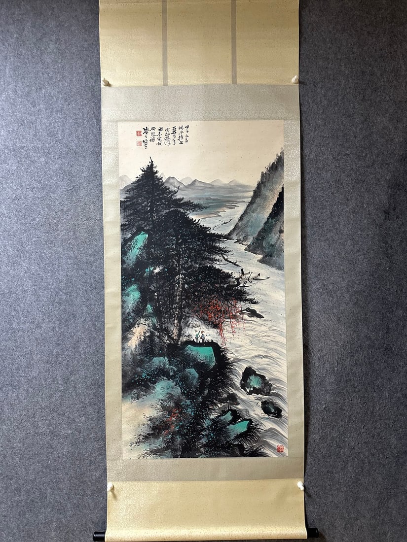 An Exquisite Chinese Vertical Scroll Ink Painting of Landscape on Paper: An Exquisite Chinese Vertical Scroll Ink Painting of Landscape on Paper,Li Xiongcai,Size:54.3inx26.8in