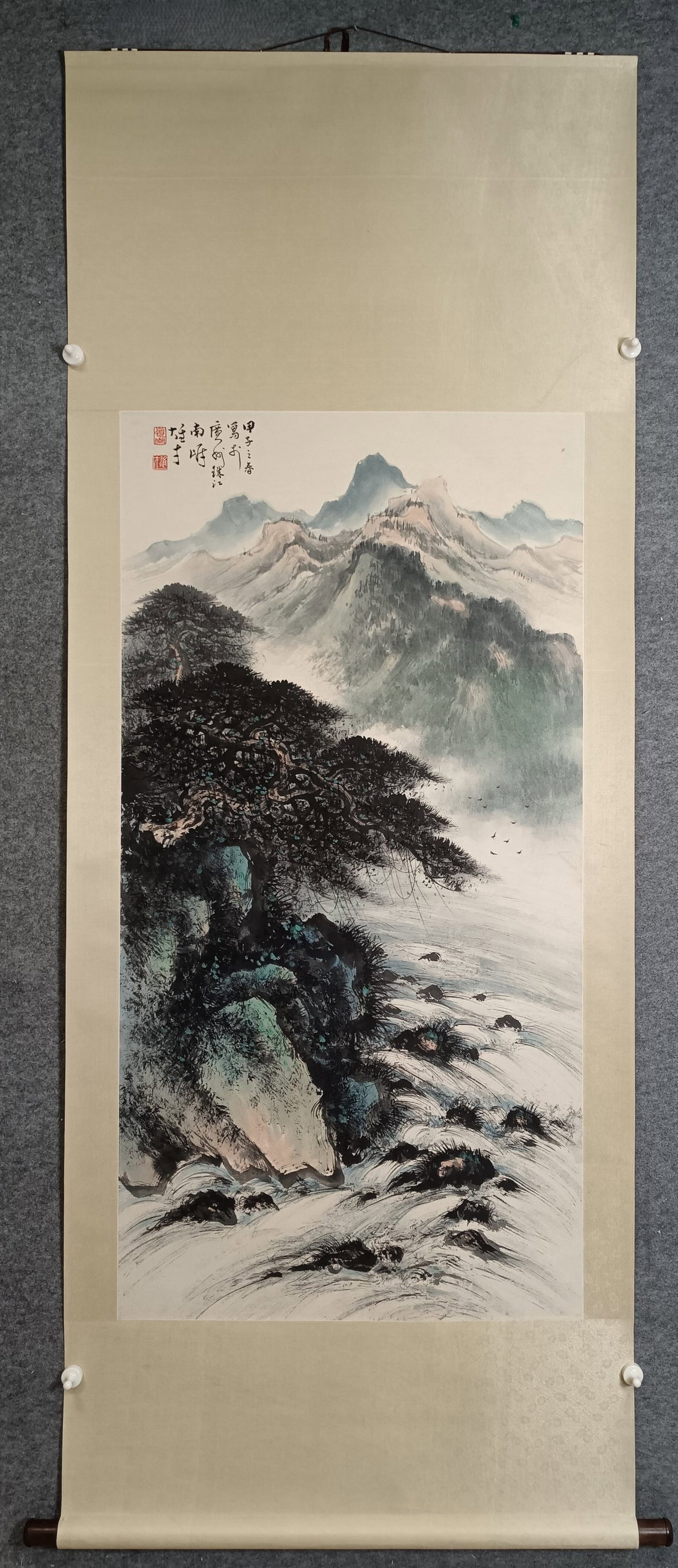 A Chinese Vertical Scroll Ink Painting of Landscape on Paper: A Chinese Vertical Scroll Ink Painting of Landscape on Paper,Li Xiongcai,Size:26.4inx54.3in