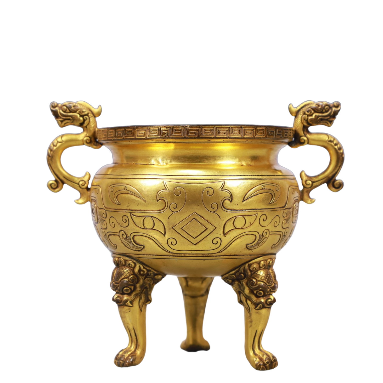 An Exquisite Gilt Bronze Double-Ears and Tripod Censer: An Exquisite Gilt Bronze Double-Ears and Tripod Censer ,Qing Dynasty, China,Qianlong Four-character Mark,Size:6.7inx4.3inx5.5in Weight:750g