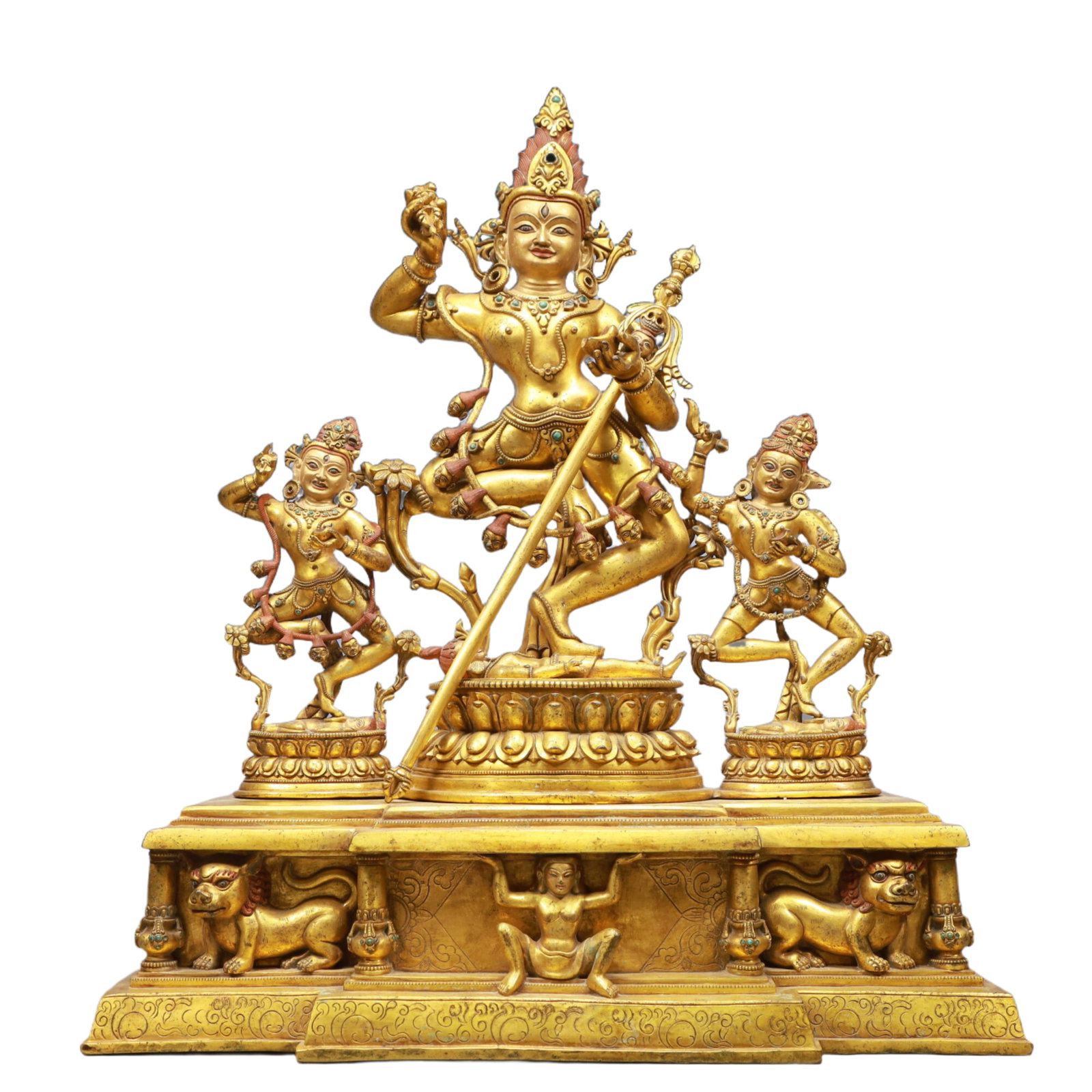 A Solemn Gilt Bronze Statue of Chakrasamvara, Inlaid Gems, With Inscription: A Solemn Gilt Bronze Statue of Chakrasamvara, Inlaid Gems, With Inscription,Ming Dynasty, China,Size:47x21x21.7in,Weight:18650g 铜鎏金胜乐金刚像,嵌