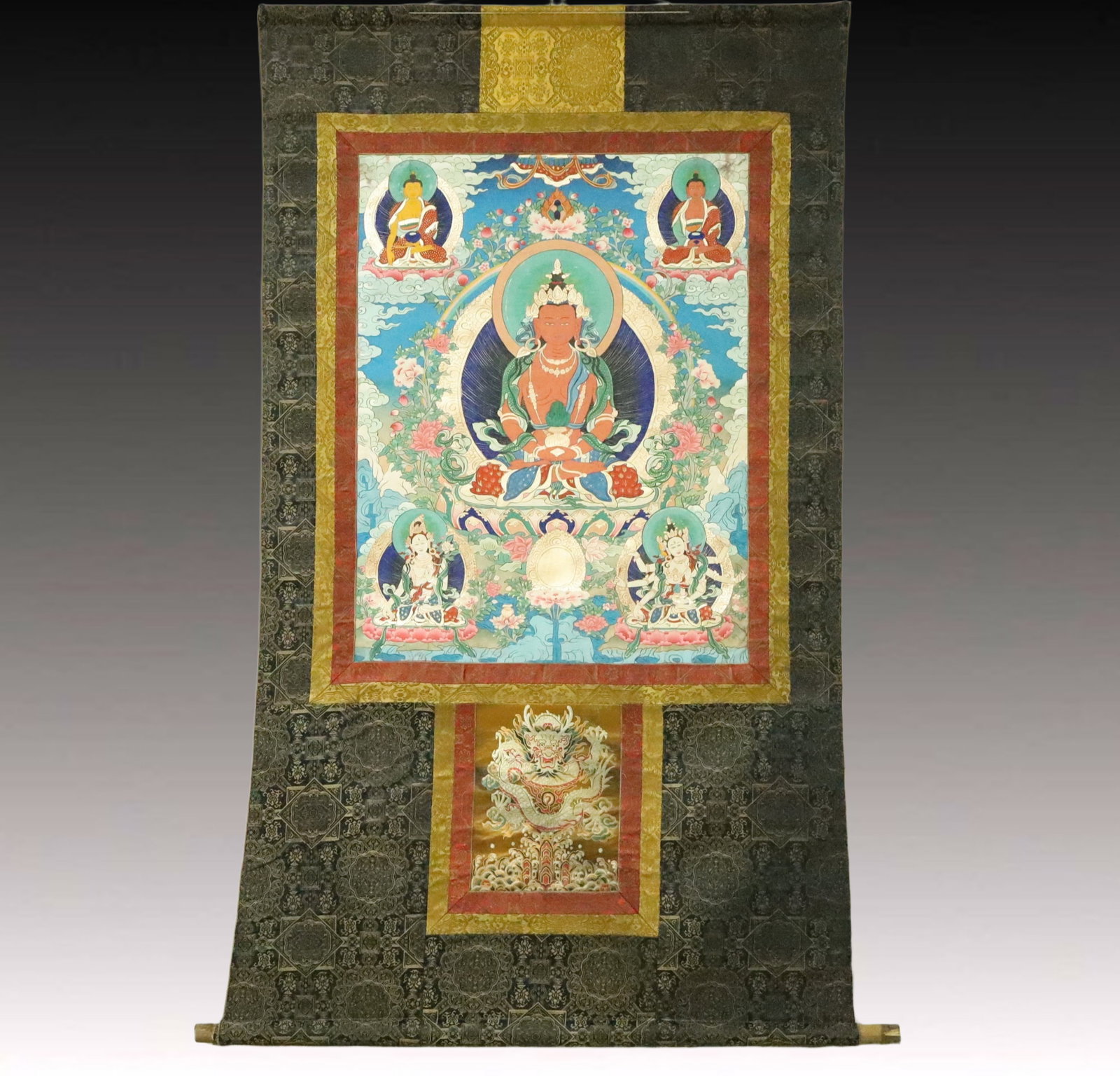 A Rare Brocade Painted Color Statue of Amitayus Tangka: A Rare Brocade Painted Color Statue of Amitayus Tangka,Qing Dynasty, China,Size:37inx61.4in