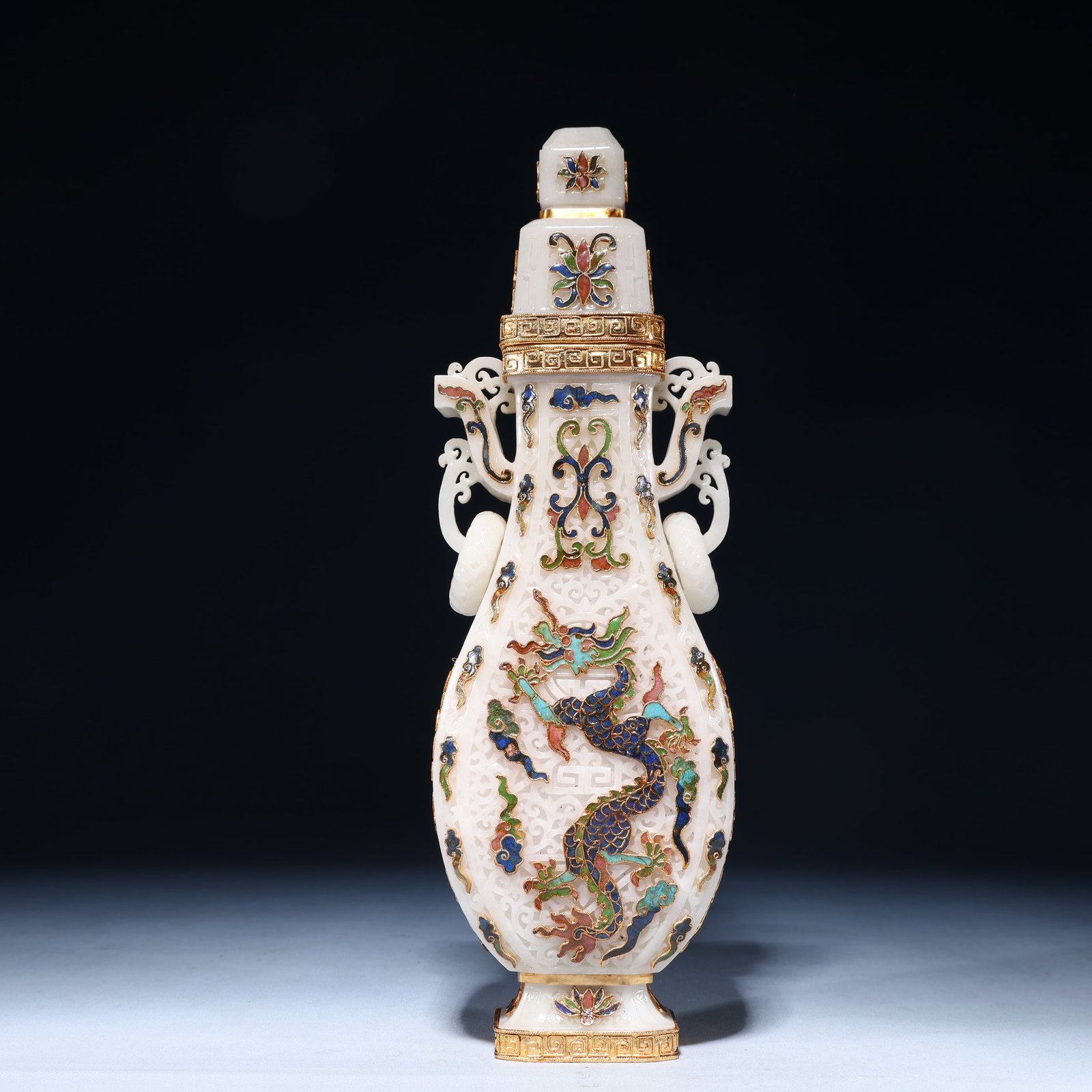 An Exquisite White Jade Inlaid Gilt Bronze Dragon Pattern Double-Ears Vase: An Exquisite White Jade Inlaid Gilt Bronze Dragon Pattern Double-Ears Vase, Qing Dynasty,China, Size:4.3inx2.4inx13.4in,Weight:2050g 白玉嵌铜鎏金龙纹